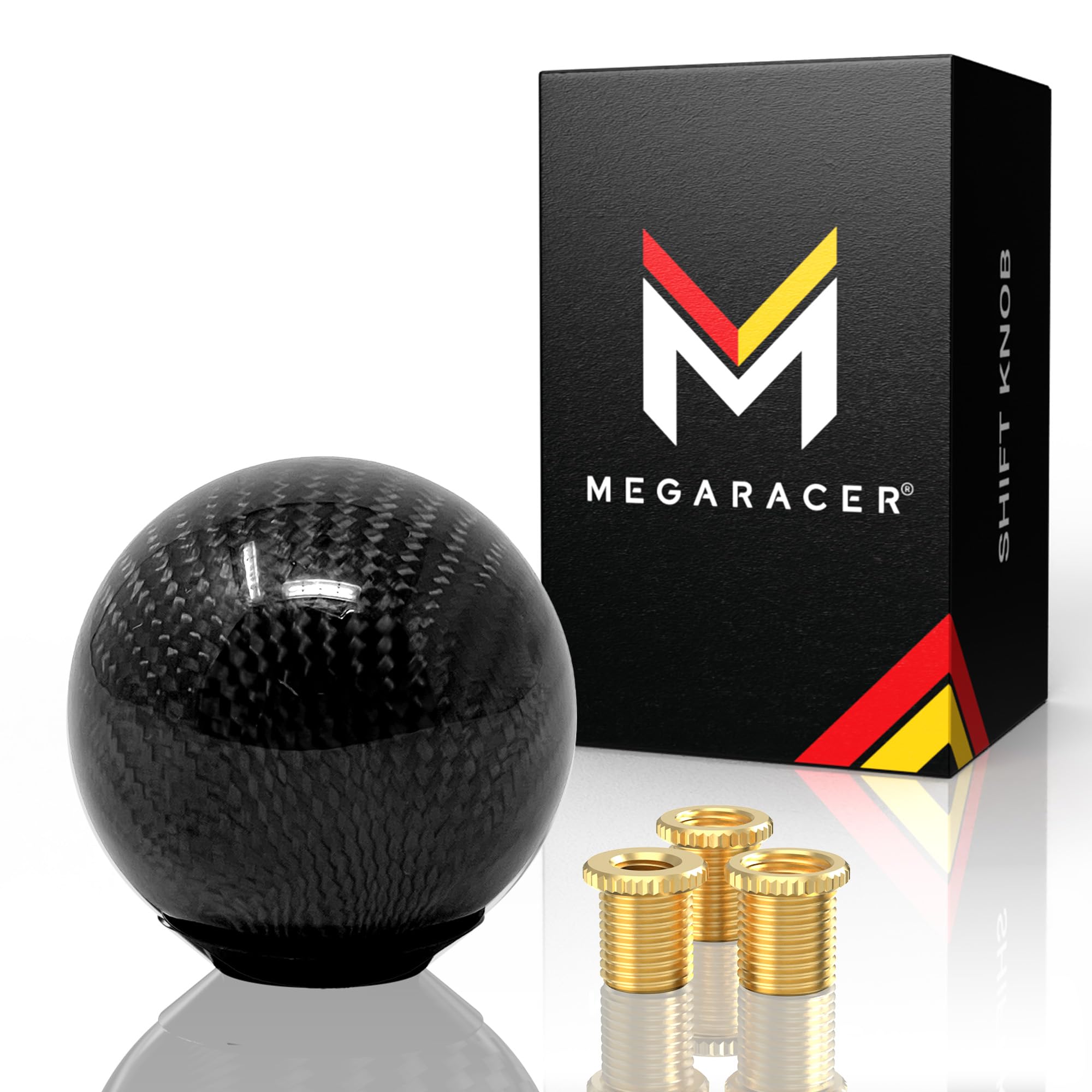 Mega Racer Black Carbon Fiber Shift Knob - Round Ball Gear Shifter for Buttonless Automatic and 4, 5, 6 Speed Manual Transmissio