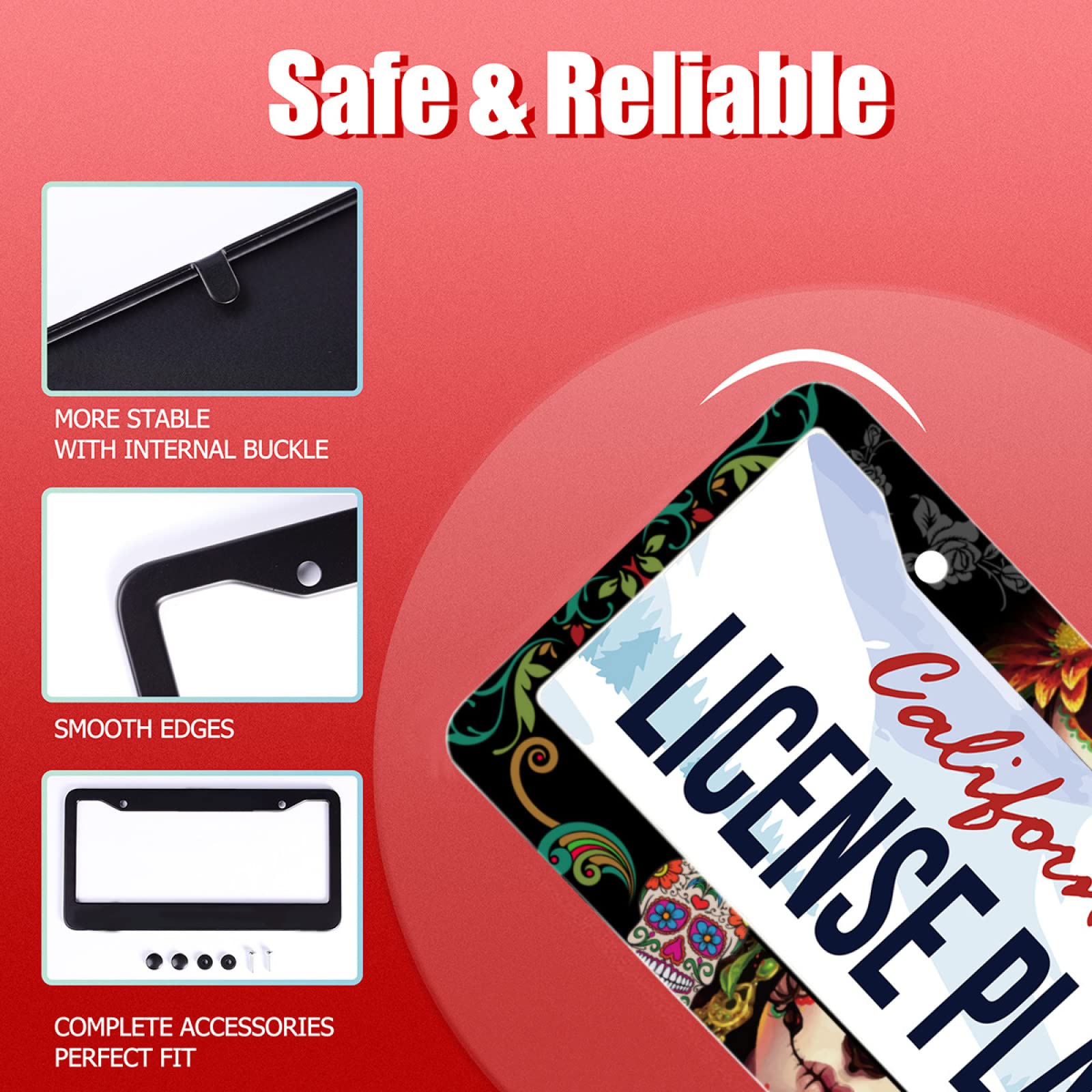 Personalise Sugar Skull Retro License Plate Frame Colorful Candy Skulls License Plate Car Universal Stainless Steel Accessories