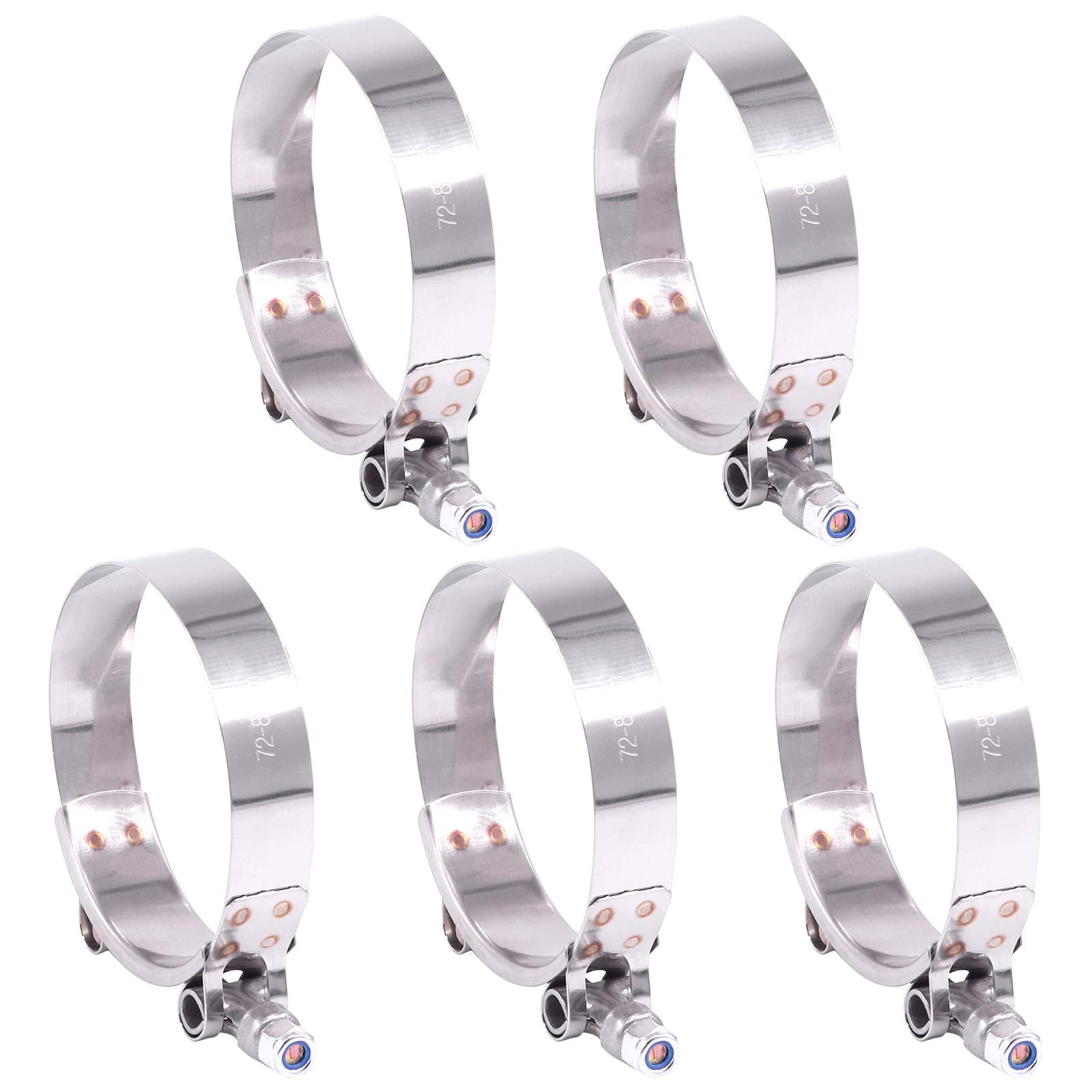 Hilitchi 5Pcs Stainless Steel T-Bolt Clamps With Rounded Band Edges Heavy Duty Turbo Intake Intercooler Clamp (72-80Mm) For 2 3/