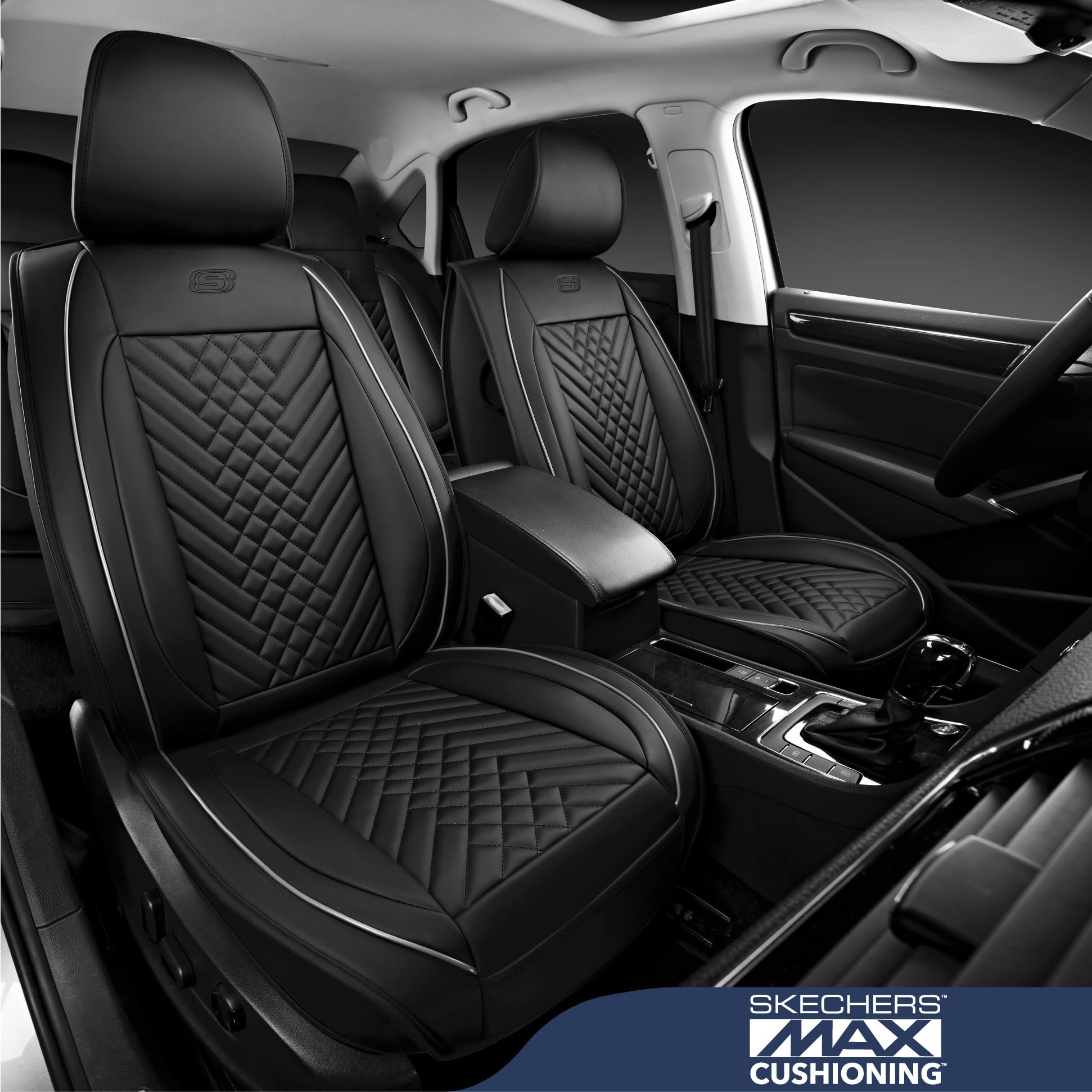 Skechers MAX Cushioning Car Seat Covers,Memory Foam Piping Leather Seat Covers,Waterproof Car Seat Protector Front Seats,Car Sea