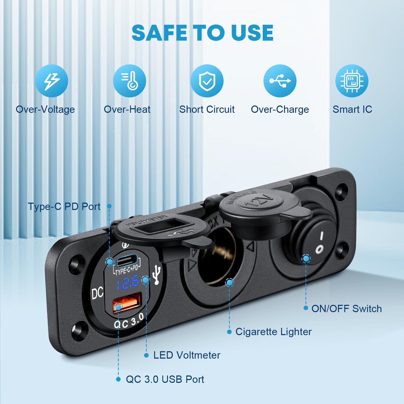 Kohree 3 In 1 Cigarette Lighter Socket: 12V Outlet Usb Qc3.0 & Pd Type C 3.0 Dual Fast Charging Ports Adapter - 200W Marine Swit