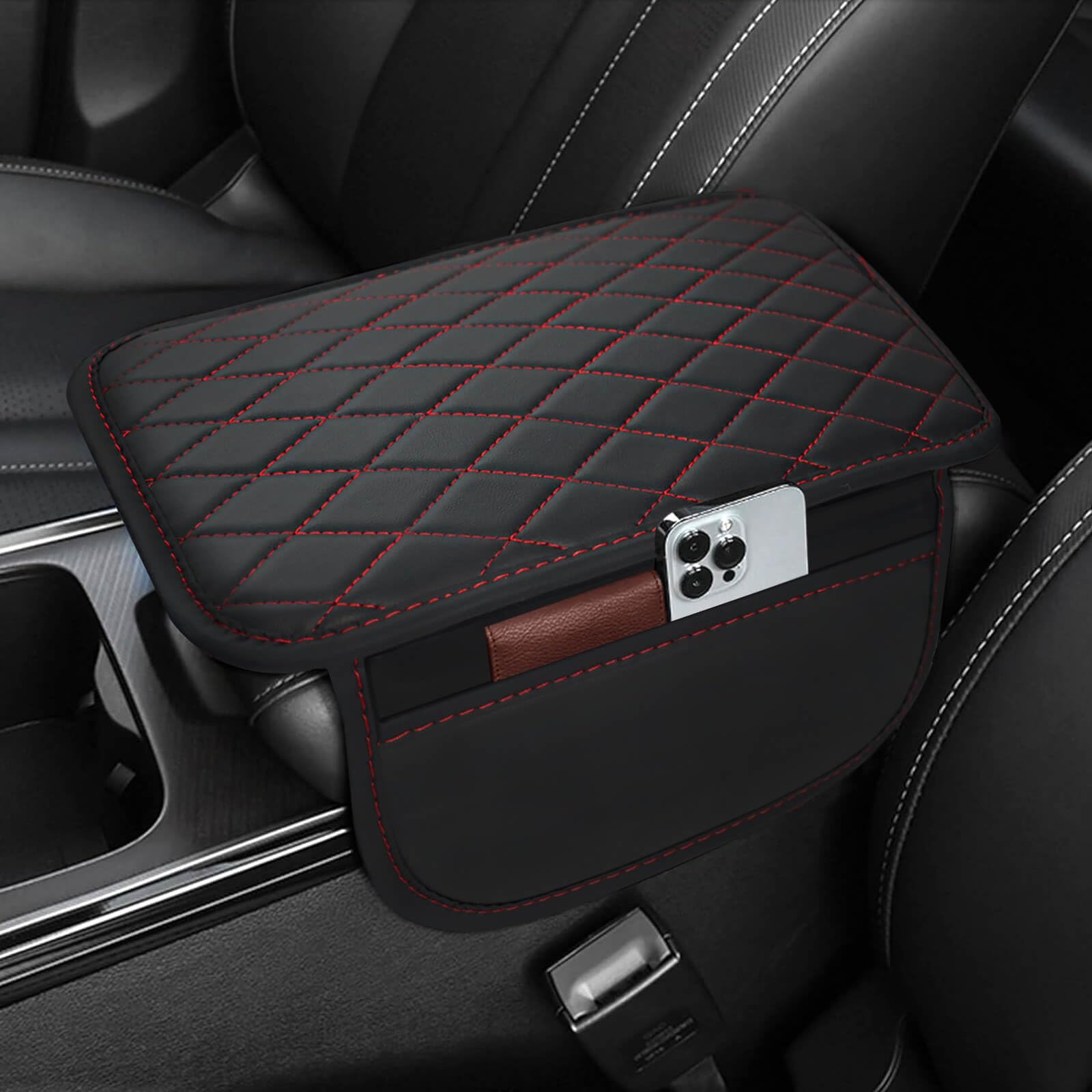 Car Center Console Cover Leather Armrest Cover Cushion With 2 Storage Bags Universal Car Armrest Seat Box Pad Car Interior Acces