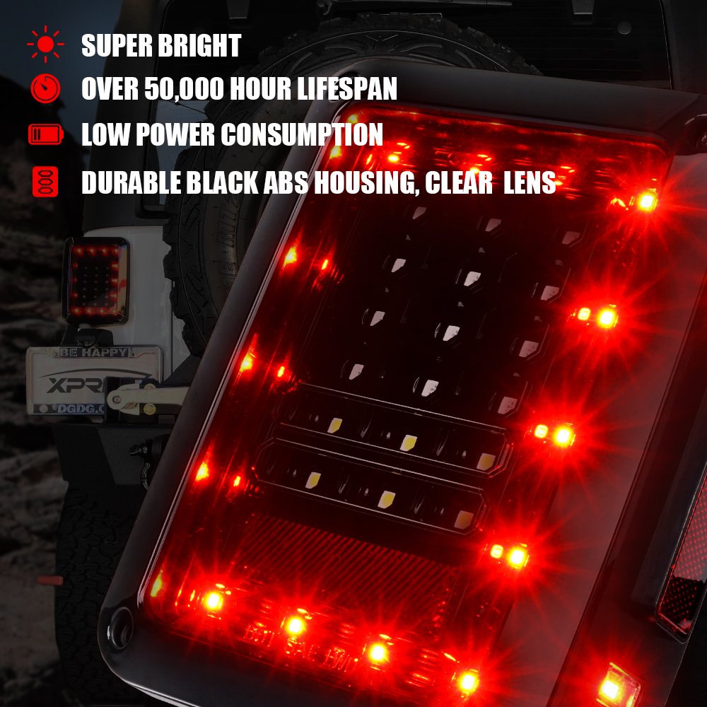 Xprite Clear Lens Red Led Tail Light W/Turn Signal & Back Up & Smoke 3Rd Led Brake Light Assembly Compatible With Jeep Wrangler
