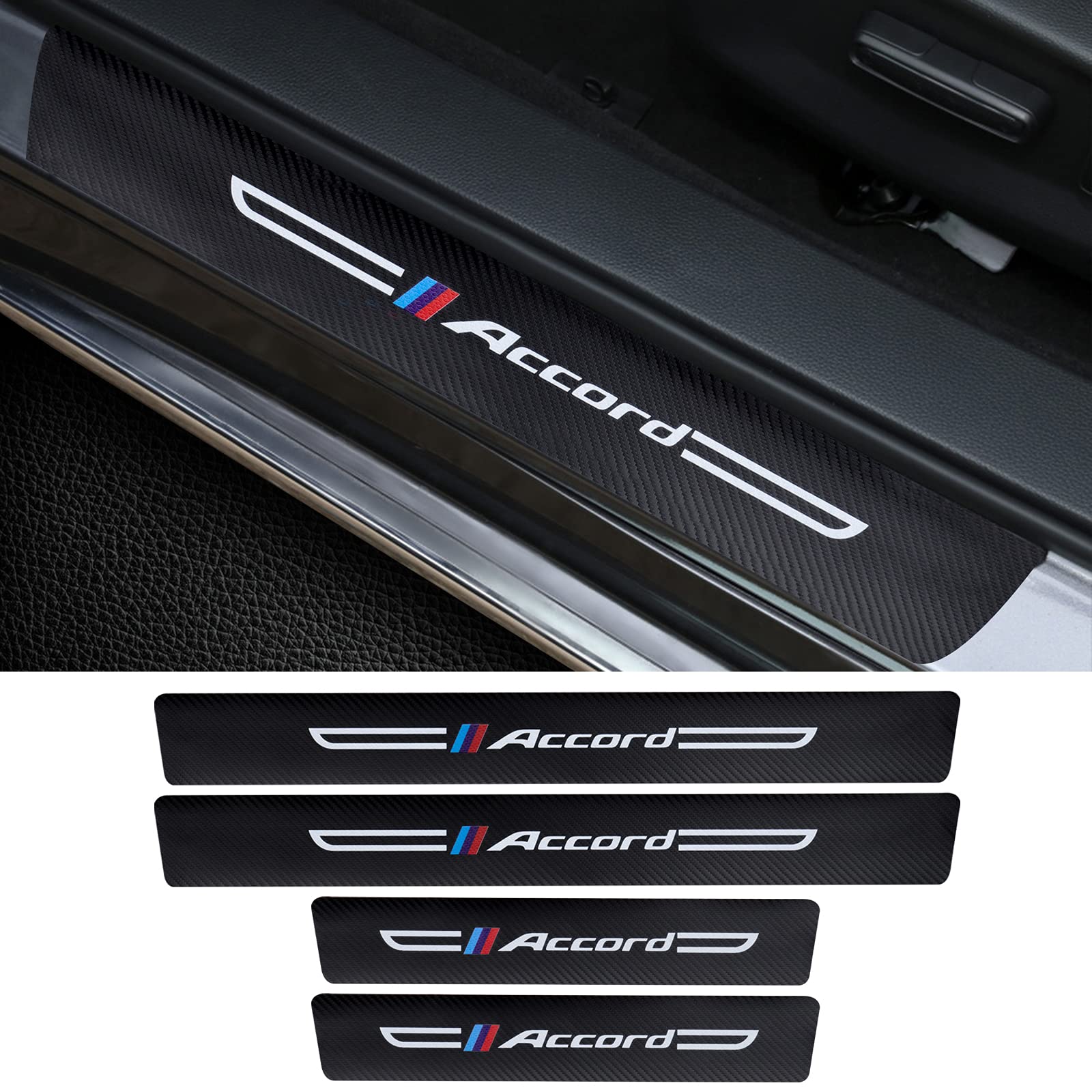 Cotree 4Pcs Carbon Fiber Textured Leather Car Door Sill Protector Compatible With Accord, Car Door Threshold Protector, Car Door