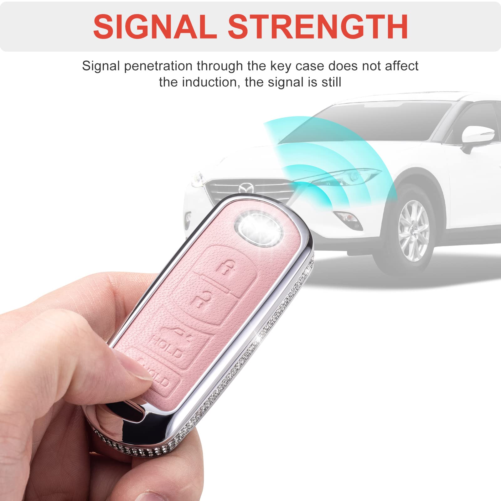 Ruabiban Key Fob Cover Compatible With Mazda, Pink Leather Crystal 360 Degree Protection Key Shell Case For Mazda 3 6 8 Miata Mx-5 Cx-3 Cx-5 Cx-7 Cx-9