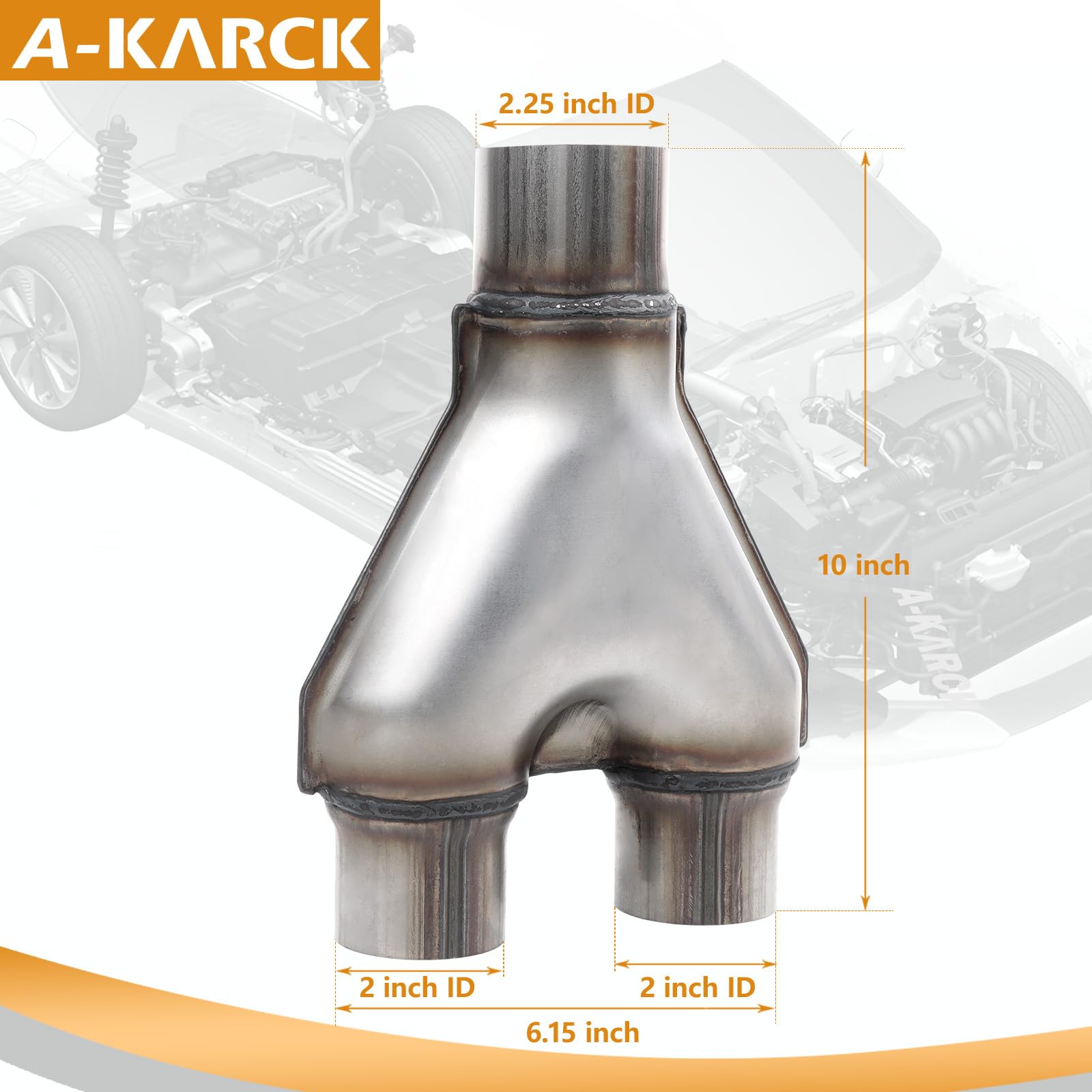 Exhaust Y Pipe 2.25'' Inlet, A-Karck Stainless Steel 2'' Outlet 10'' Long Y Pipe Withstands High Temperatures
