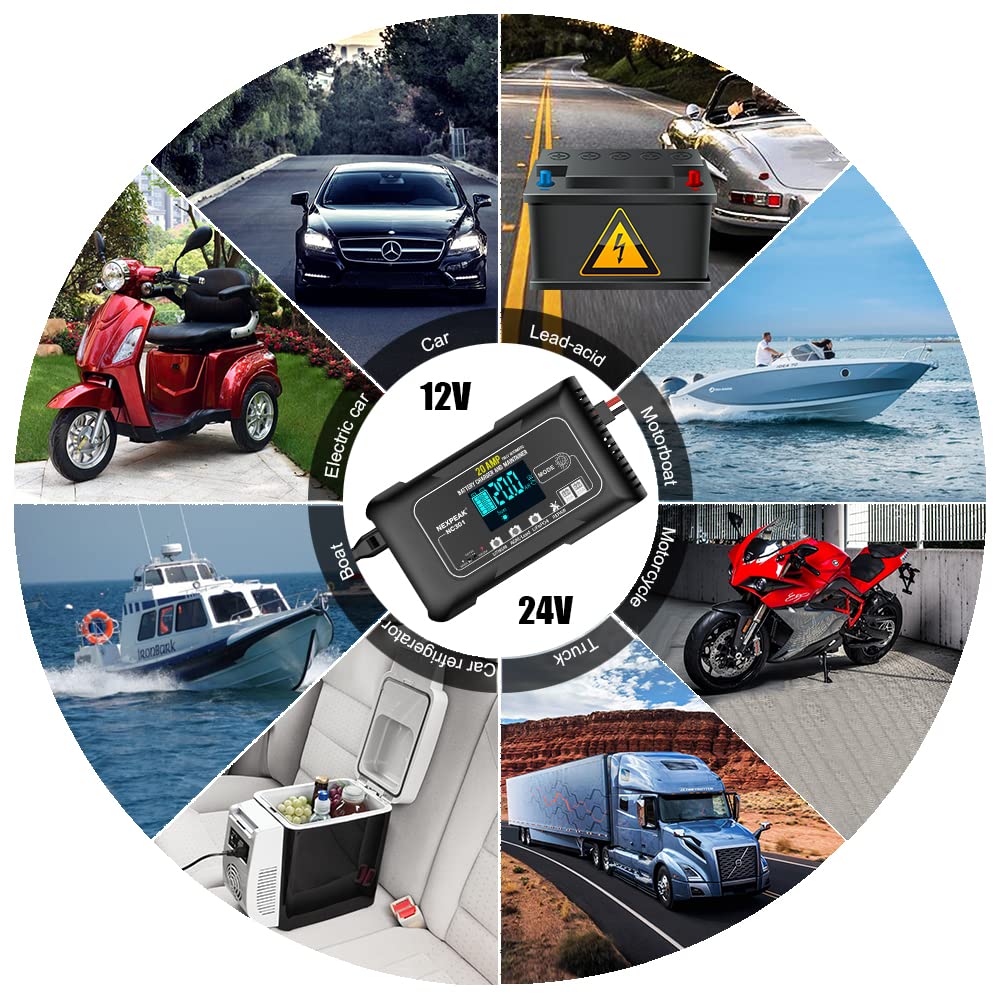 Nexpeak Nc301 20-Amp Car Battery Charger, 12V And 24V Smart Fully Automatic Lifepo4 Battery Charger Maintainer Trickle Charger W/Temp Compensation For Car Truck Boat Lead Acid Lithium Batteries