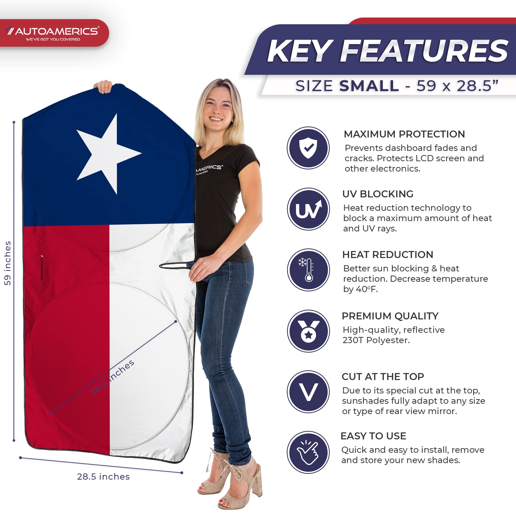 AUTOAMERICS Windshield Sun Shade - Foldable, Reflective Polyester, USA Texas Flag, Small (59 x 28.5 inches) - Blocks UV Rays, Keeps Vehicle Cool