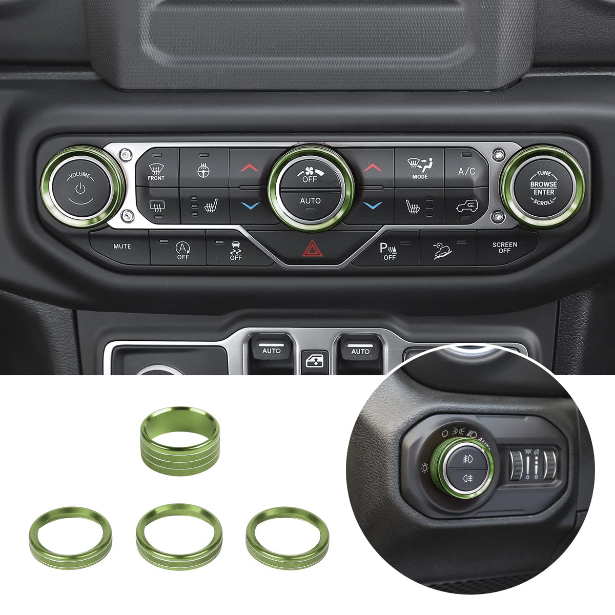 Voodonala Air Conditioner Headlight Switch Knob Trim For 2018-2024 Jeep Wrangler Jl Jlu Gladiator Jt,Thin Green Aluminum Alloy 4