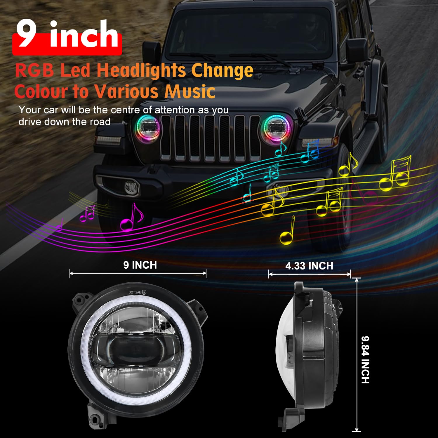 Beeyeo 9 Inch Led Headlights, Round Wrangler Headlight With Halo Drl & Turn Signal For Wrangler Jl 2018 2019 2020 2021, Gladiato