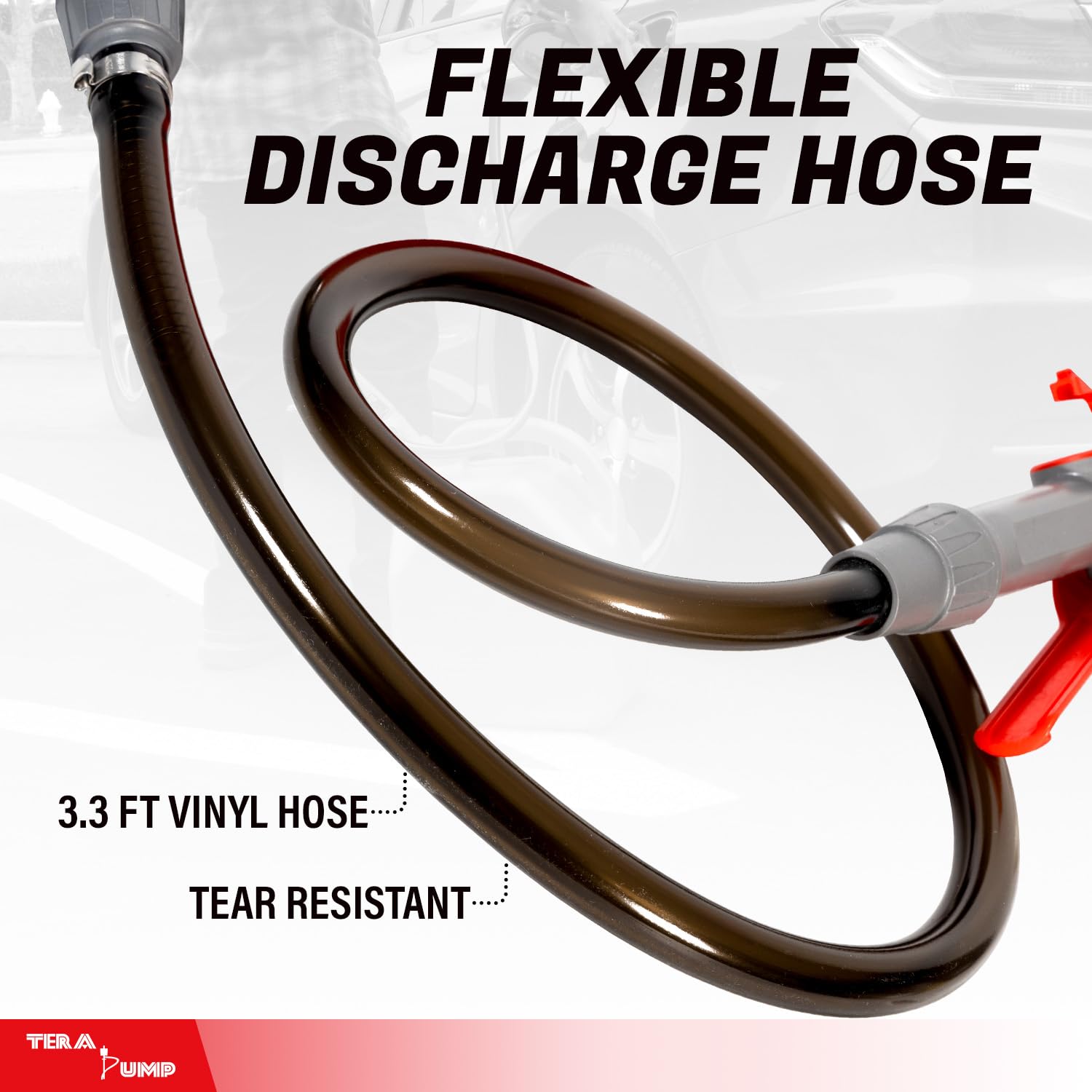 TERA PUMP Fuel Transfer Pump w/Quick Flow Control Nozzle - 3X Powerful D Battery Powered, 39 Upgraded Vinyl Discharge Hose, Mu