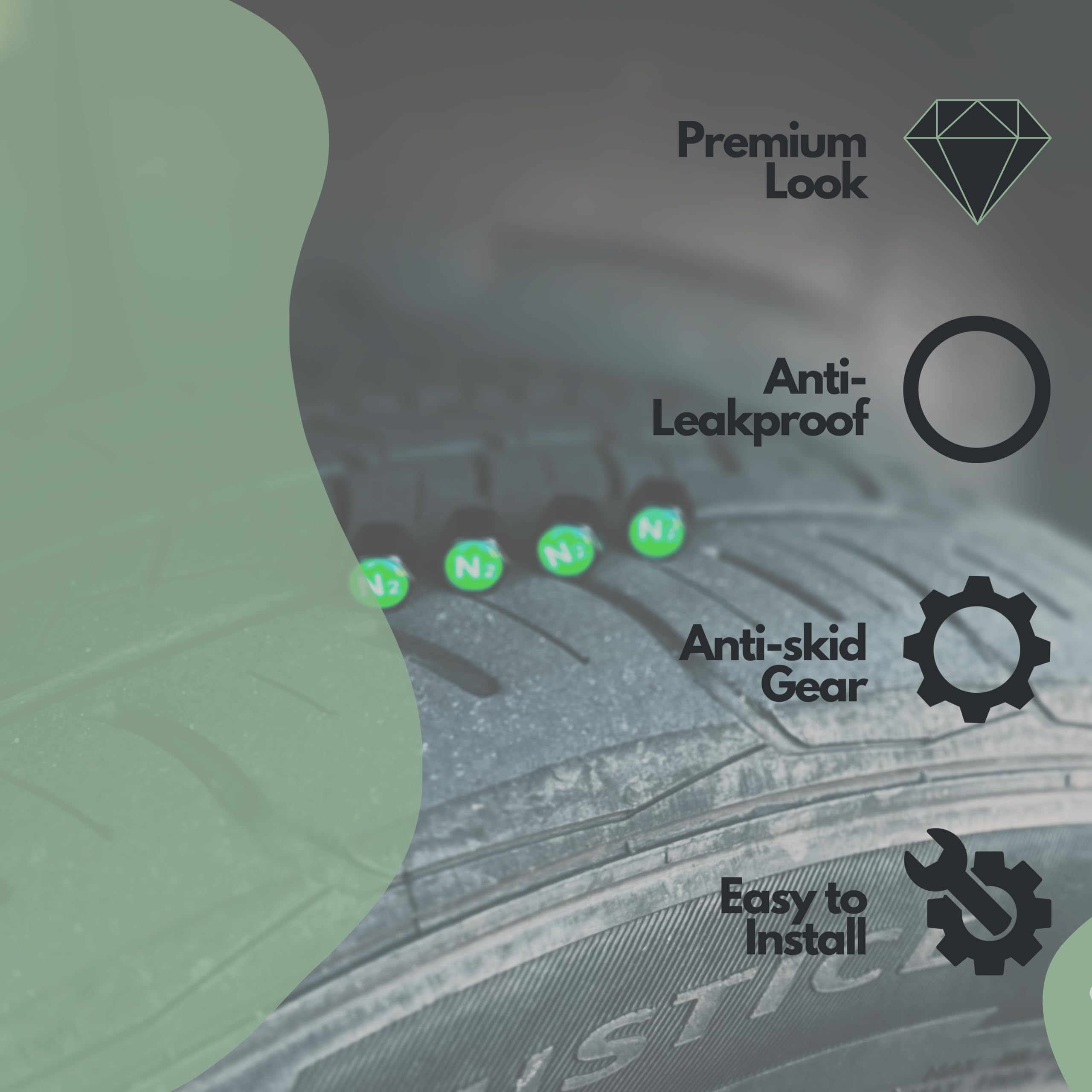 Tactilian N2 Nitrogen Tire Valve Caps | Leakproof Aluminum Tire Valve Stem Caps Green With Rubber O-Rings For Nitrogen Filled Ti