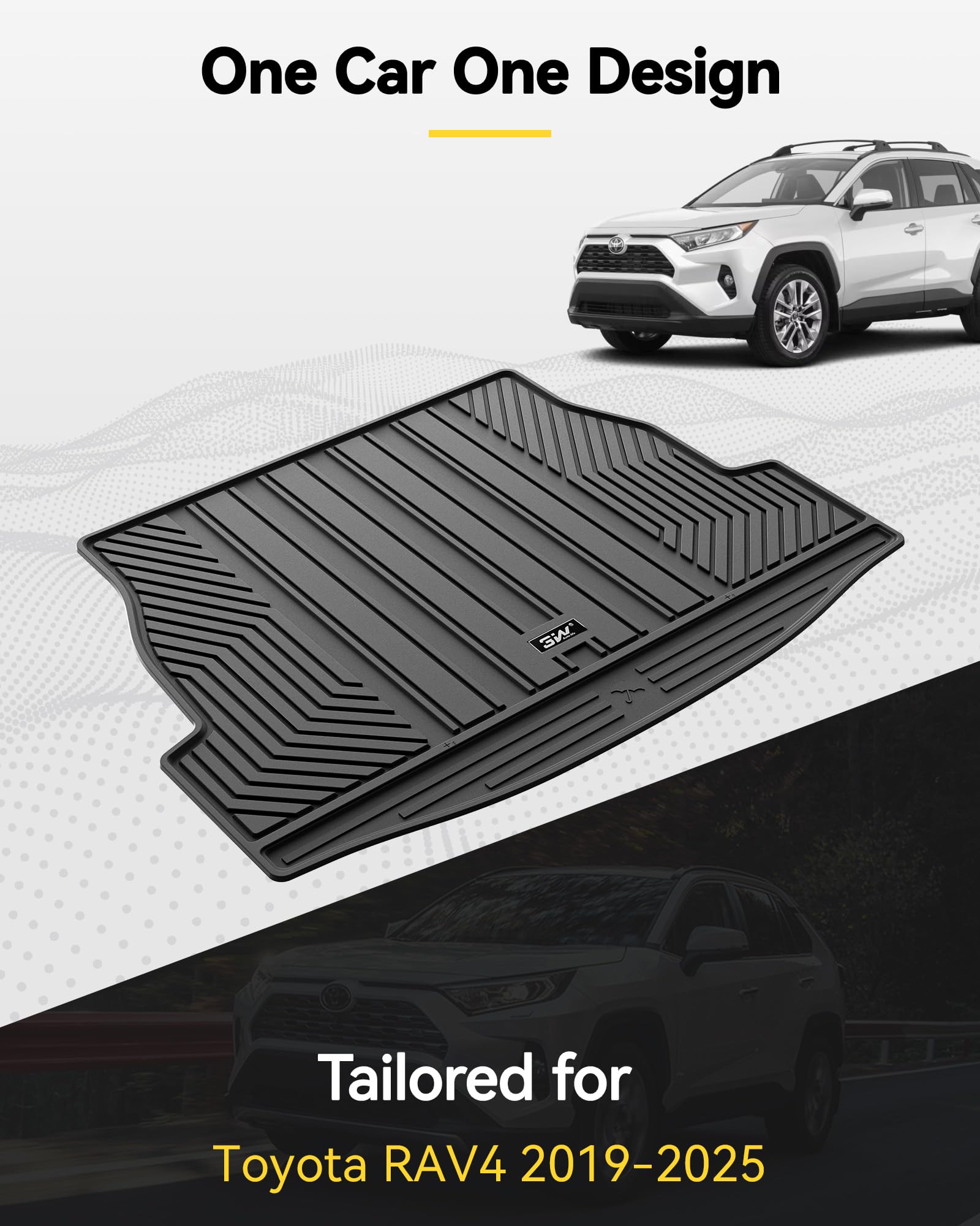 3W Cargo Liner Fit For Toyota Rav4 2019-2024 2025, Tpe All Weather Custom Fit Trunk Mat For Toyota Rav4 Full Set Car Mats, Black
