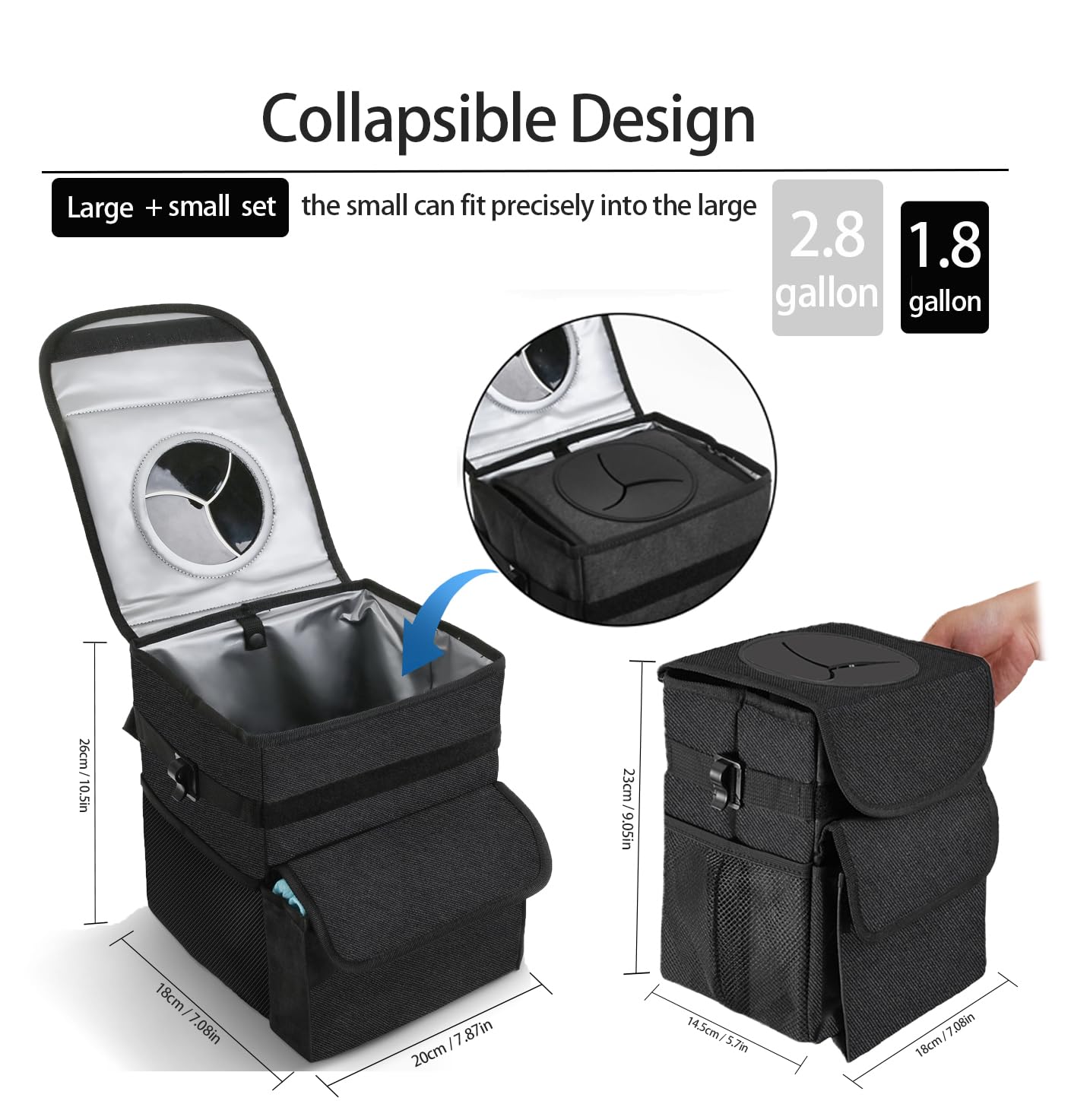 time2go Car Trash Can with Lid and Storage Pockets - 100% Leak-Proof Organizer, Waterproof Garbage Can Car Accessories
