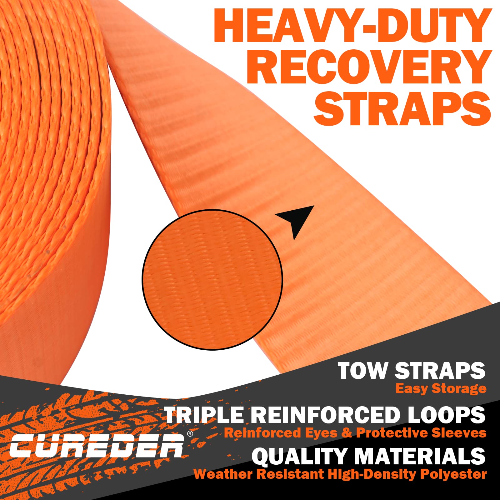Cureder Tow Strap - 3'' x 20ft Recovery Strap,Lab Tested 35,121 lb Break Strength Snatch Strap, Suitable for Emergency Off-Road