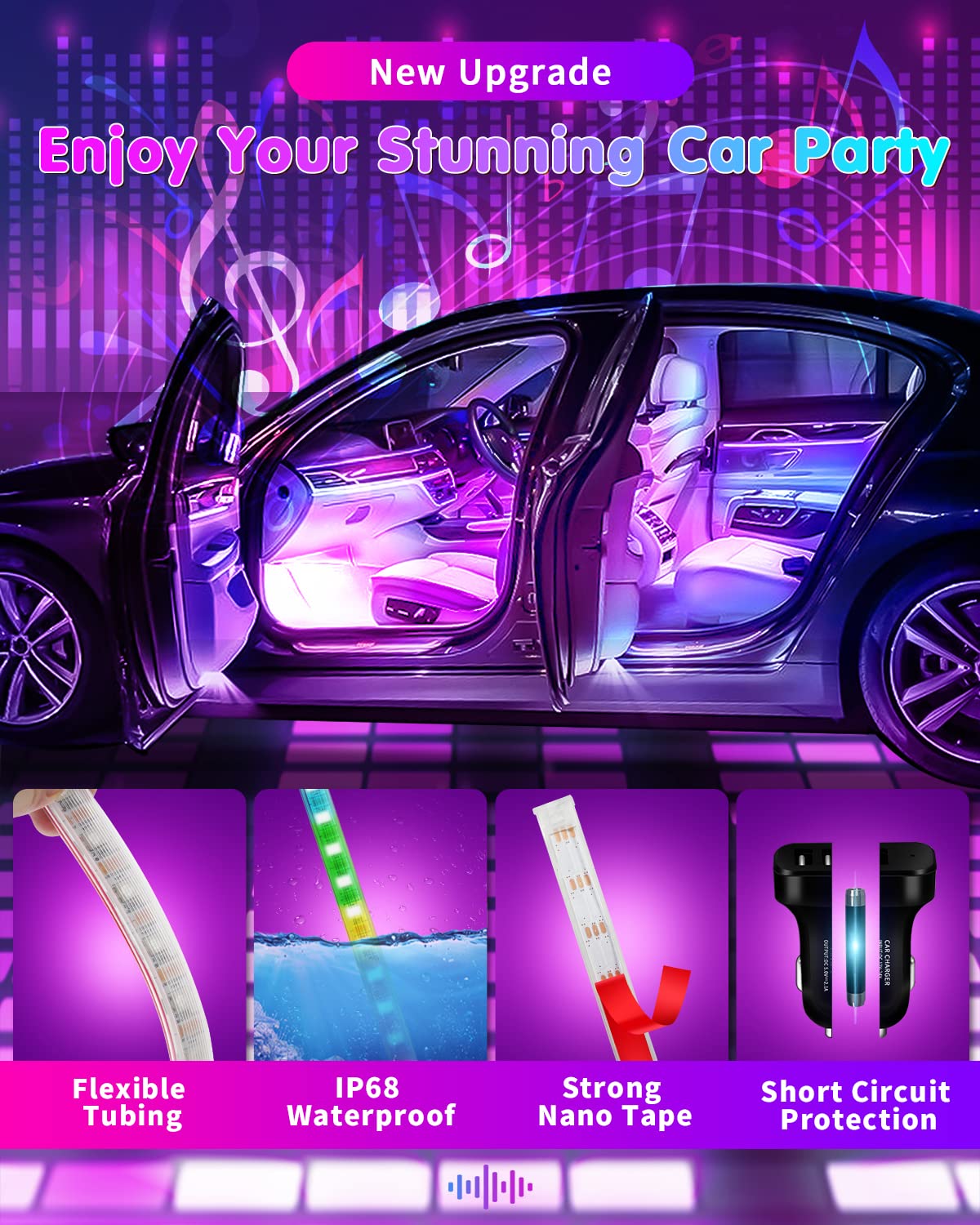 Rgb Interior Car Strip Lights With Smart App Control, Music Sync Under Dash Footwell Neon Internal Lighting Kit 2 Lines Design,1