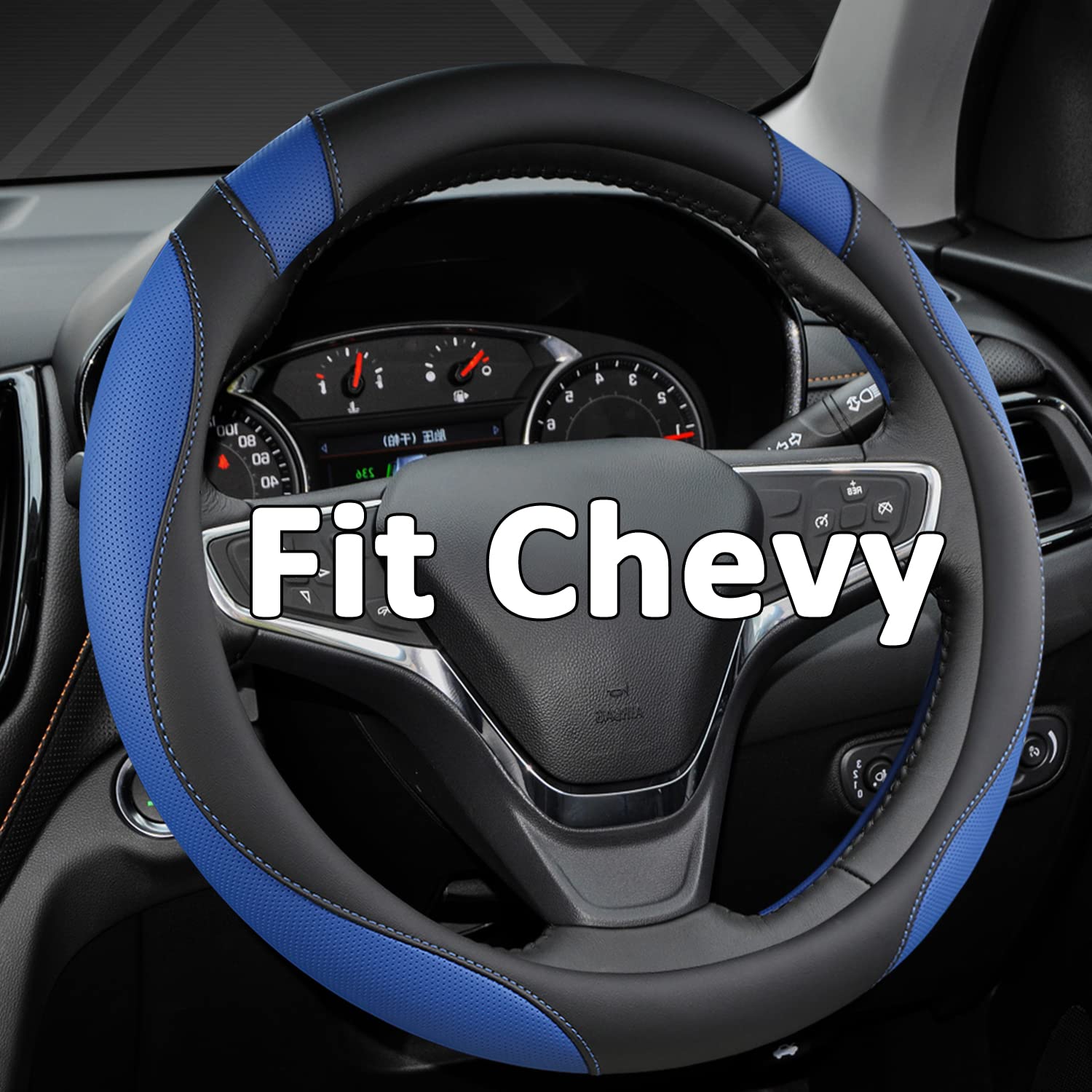West Llama Customized Auto Car Steering Wheel Cover For Chevy 14.5-15 Inches, Steering Wheel Cover For Chevrolet (Black+Blue - S