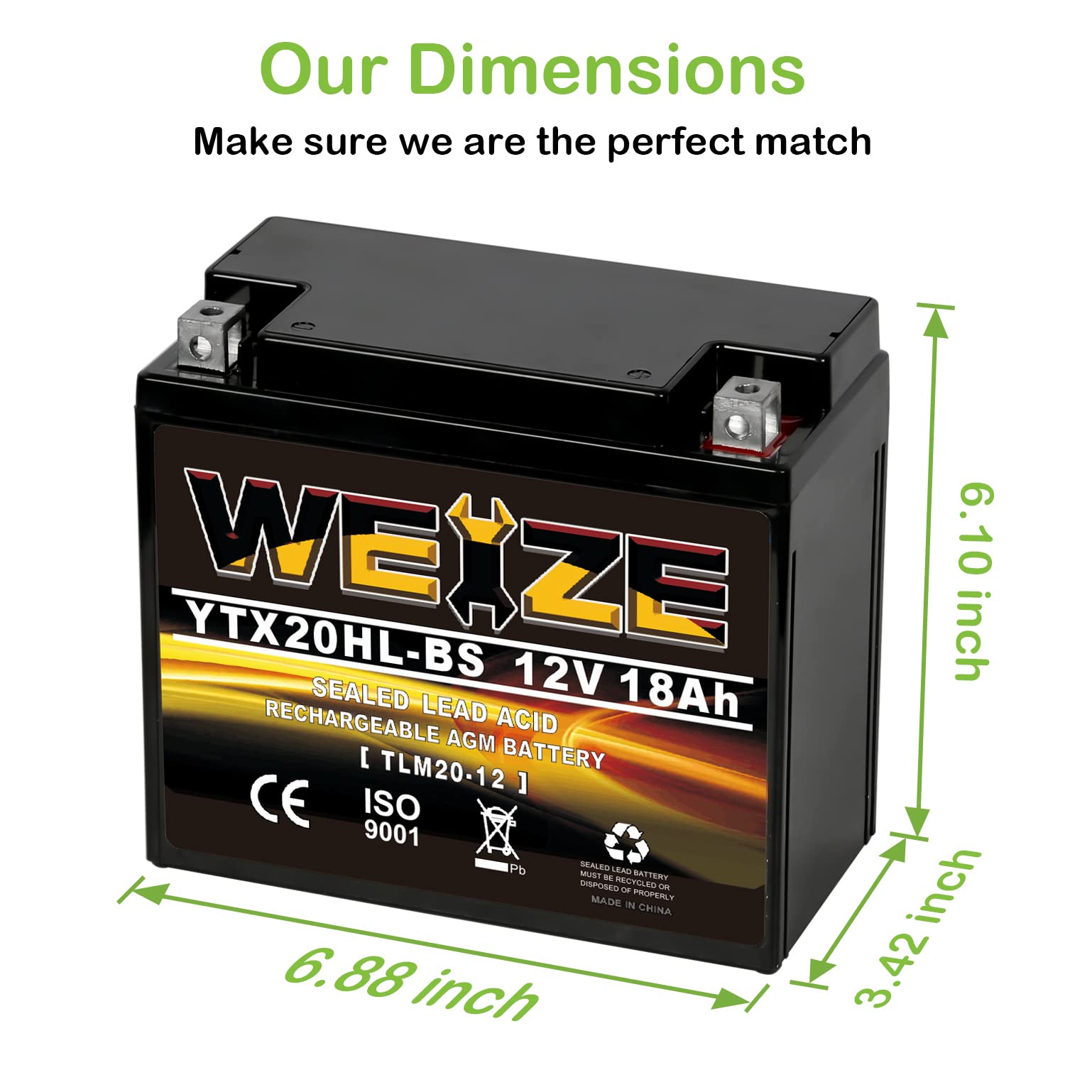 Weize Ytx20Hl-Bs Battery, High Performance - Maintenance Free - Sealed Agm Etx20Hl Bs Motorcycle Battery
