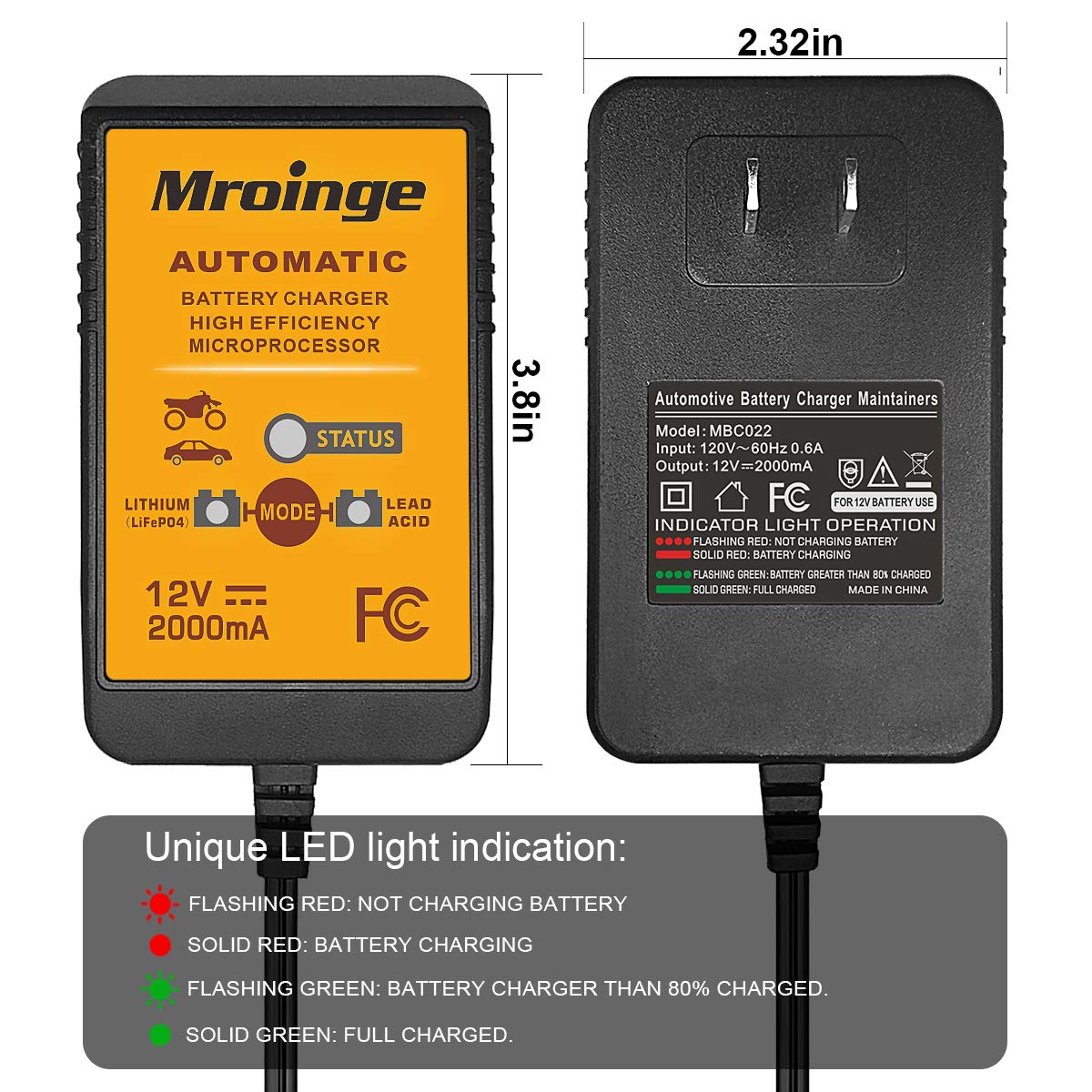 Mroinge 12V 2A Lead Acid & Lithium(Lifepo4) Automatic Trickle Battery Charger Smart Battery Maintainer For Car Motorcycle Lawn Mower Boat Atv Sla Agm Gel Cell Lithium(Lifepo4) And More Batteries