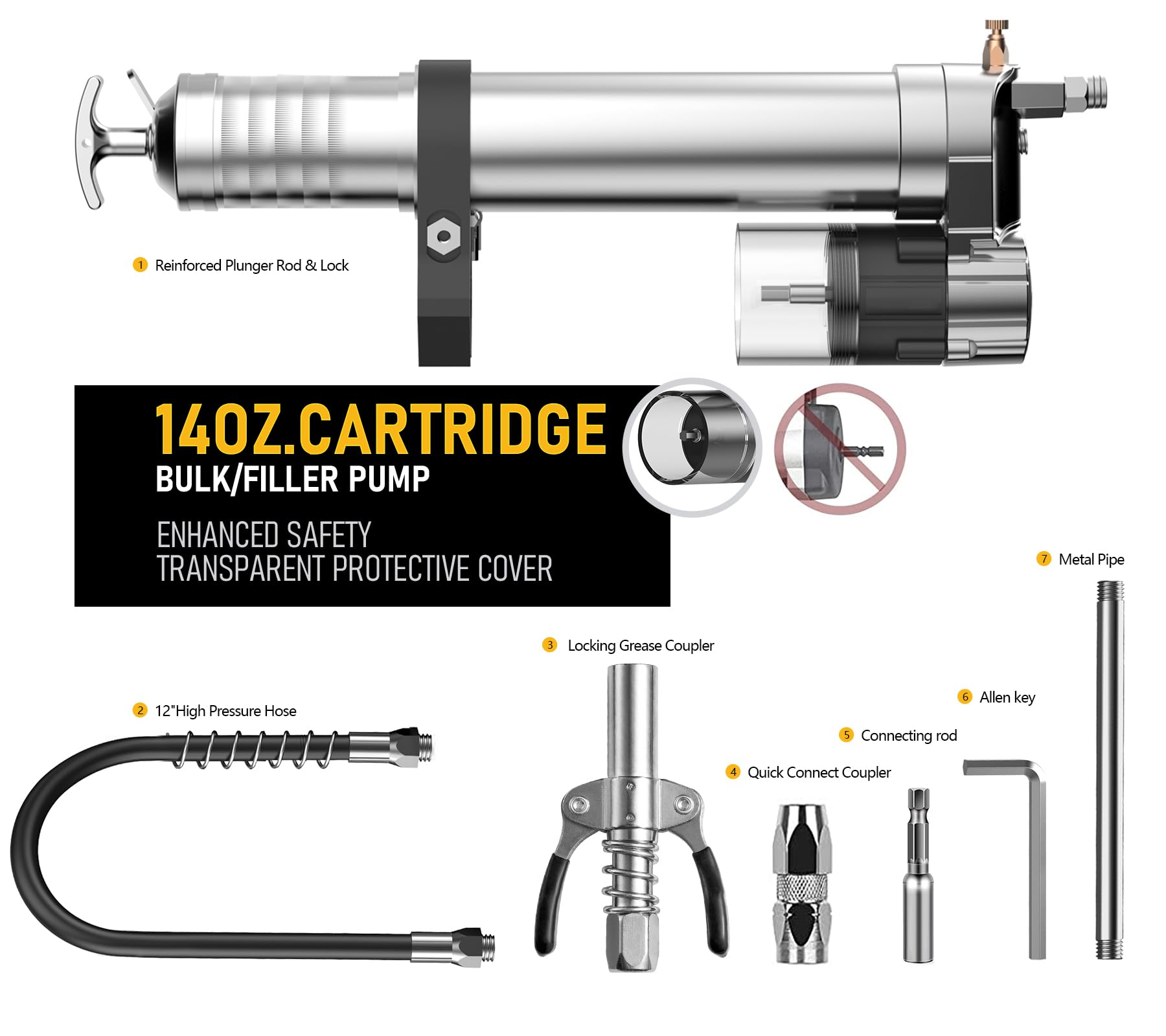 Ativere Electric Grease Gun Drill Adapter With 14 Oz Load, Locking Grease Gun Coupler, 12 Inch High Pressure Hose, Extension Rig
