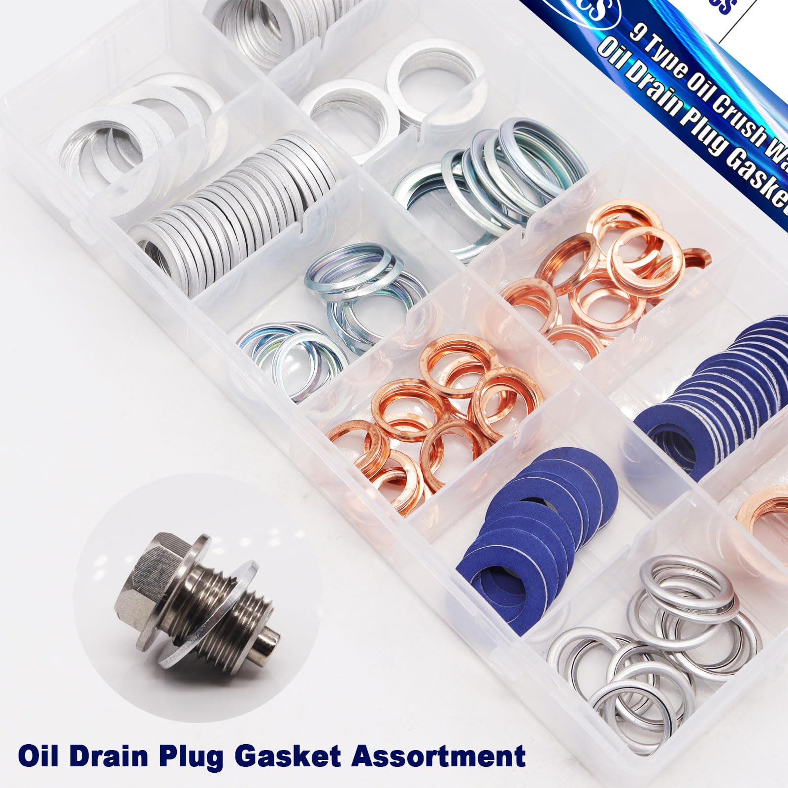 maierke 150PCS Crush Washer Oil Drain Plug,9 Sizes Oil Drain Plug Gasket Assortment,Automotive Engine Crush Washers (M11 M12 M14