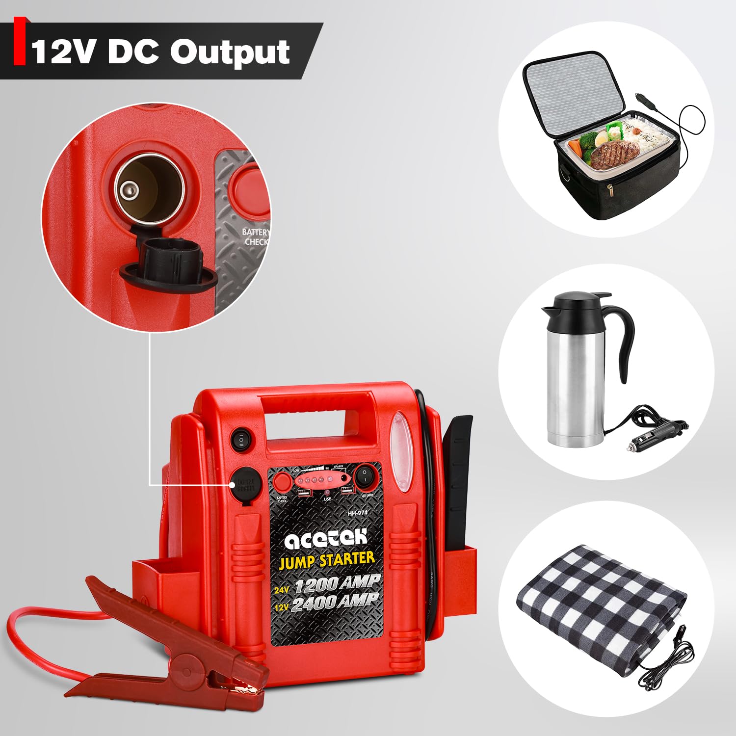 24V / 12V Jump Starter, acetek 1200/2400 Peak Amp Battery Jump Starter for Truck Car Tractor Excavator, Heavy Duty Jump Box Batt