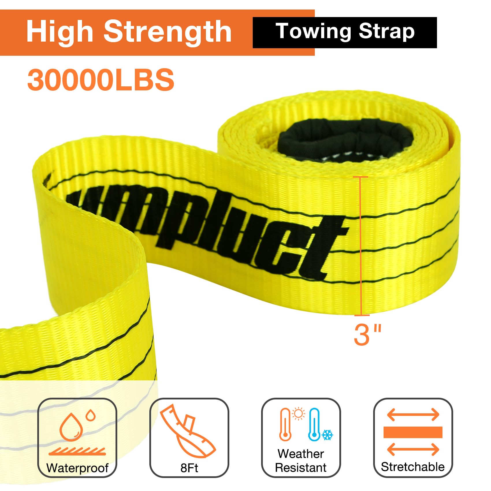 3 inch, 8 Feet Tree Saver, Winch Strap, Tow Straps 30,000 Pound Capacity Recovery Rope,Heavy Duty Towing Ropes with Triple Reinf