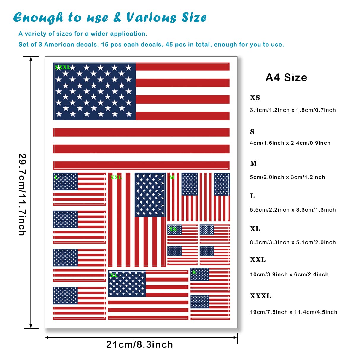 QQSD US American Flag Sticker USA Decal in Multiple Sizes, 3 Pack, 11.7 x 8.3 Inches