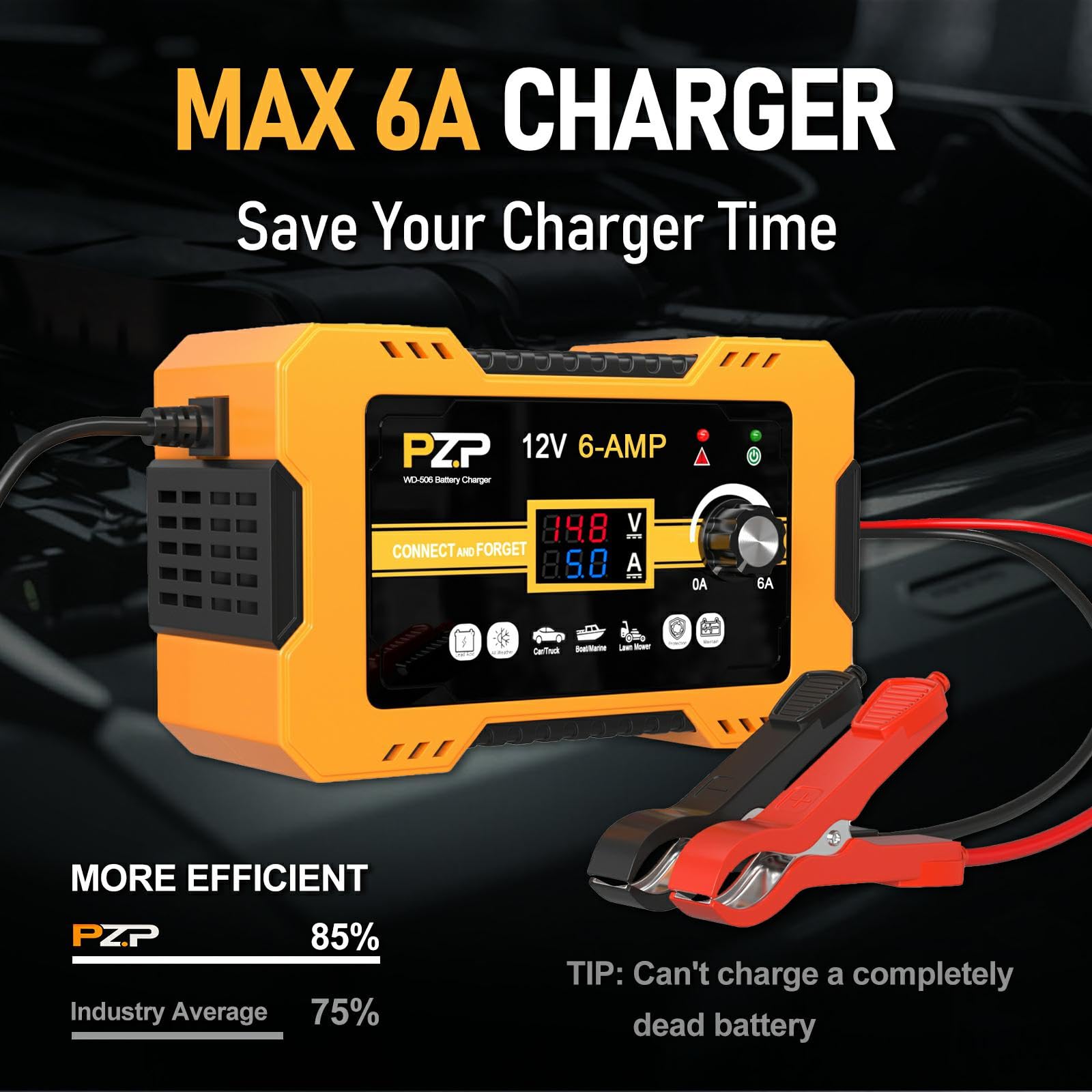 Pz.P 12V Automatic Car Battery Charger, 0-6A Arbitrarily Adjustable Smart Trickle Charger, Auto Desulfator With Battery Repair,
