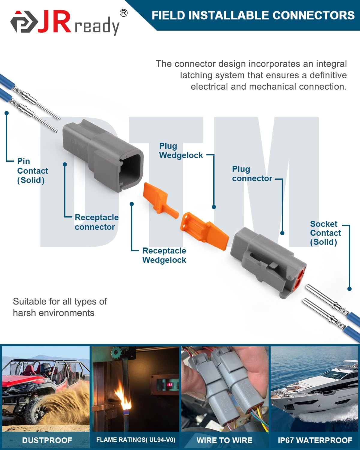 JRready Deutsch DTM Connector 2 Pin 8 Kits, ST6330-201 DTM Connector Kit with Size 20 Solid Contacts 20-22AWG, Waterproof Automo
