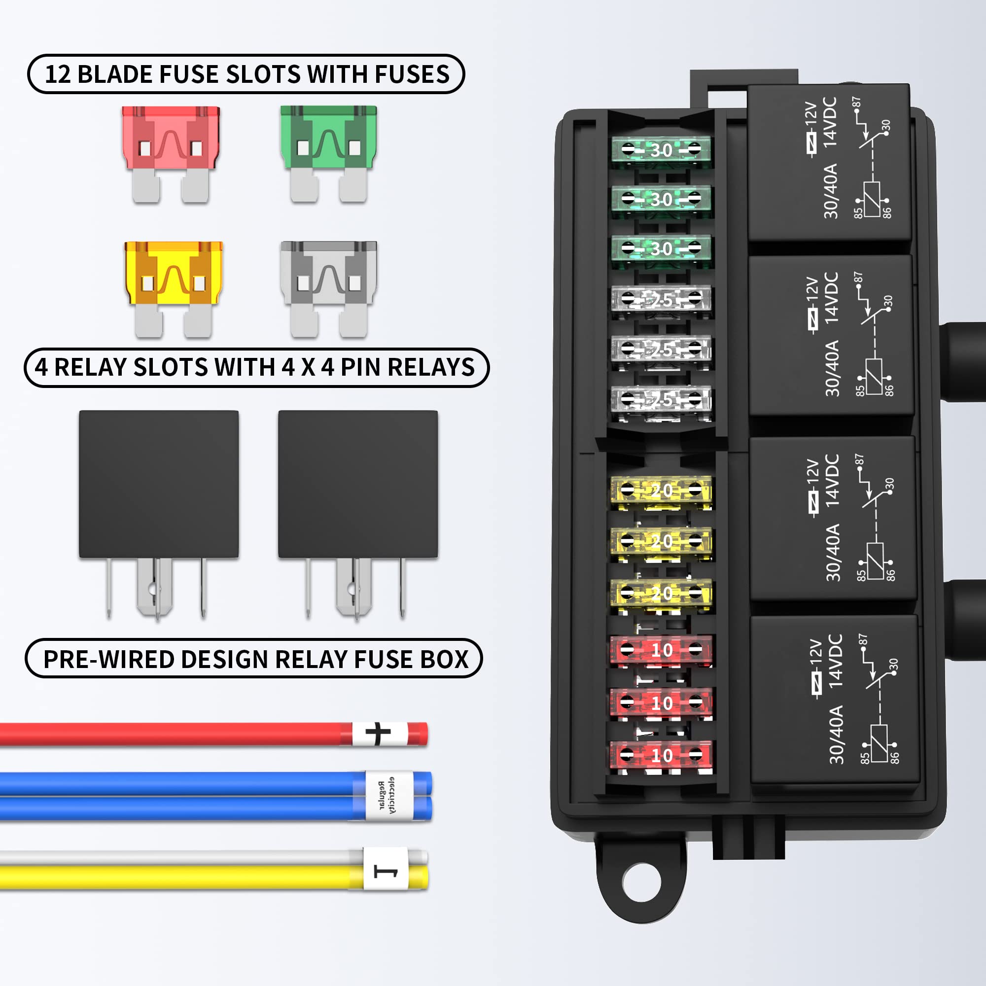 RVBOATPAT 12 Volt Fuse Relay Box Pre-Wired Fuse and Relay Box with 4 Relays and 12 Way ATC/ATO Fuses Sealed 12V Relay Fuse Box B