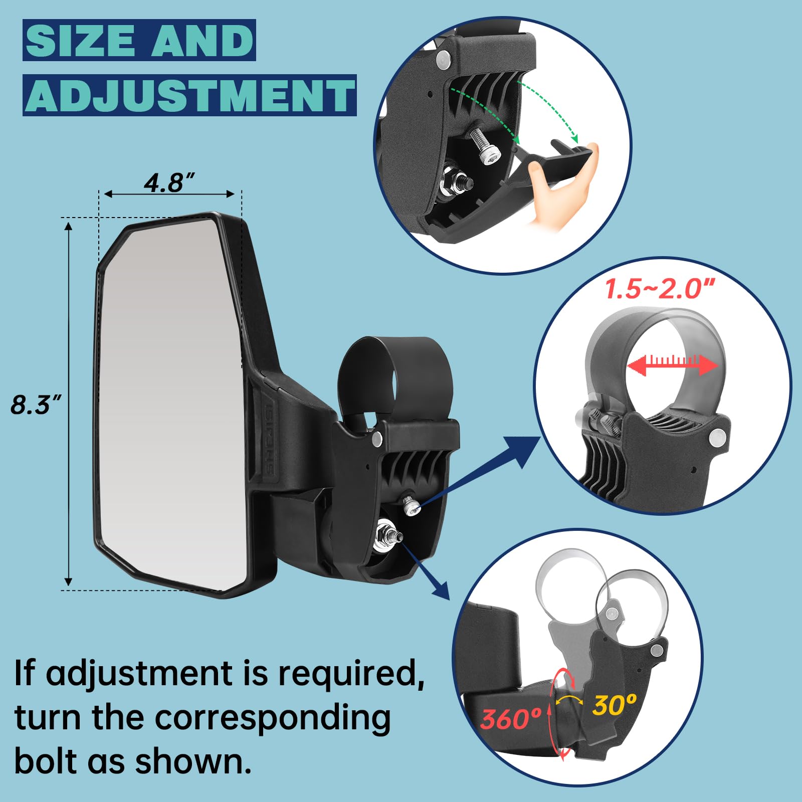 Shejisi Utv Mirrors,The Spring Back Feature Allows Easy Reset After Fold,2024 New Sxs Mirrors Side View For 1.5'-2.0' Roll Cage,Compatible With Polaris Rzr,Can Am X3,Honda Pioneer Talon,Kawasaki Mule