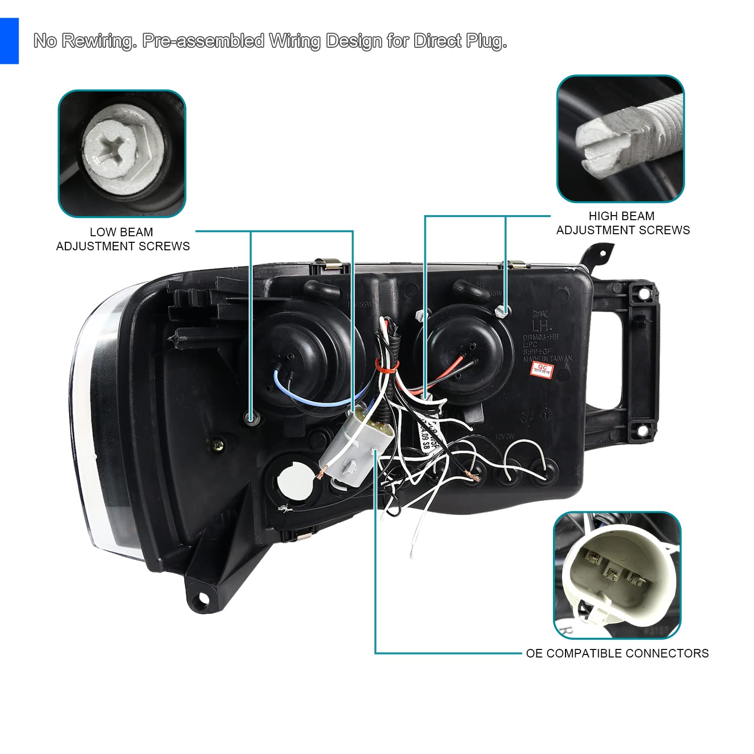 Spec-D Tuning Black Dual Led Halo Projector Headlights Compatible With 2002-2005 Dodge Ram 1500, 2003-2005 Dodge Ram 2500/3500,