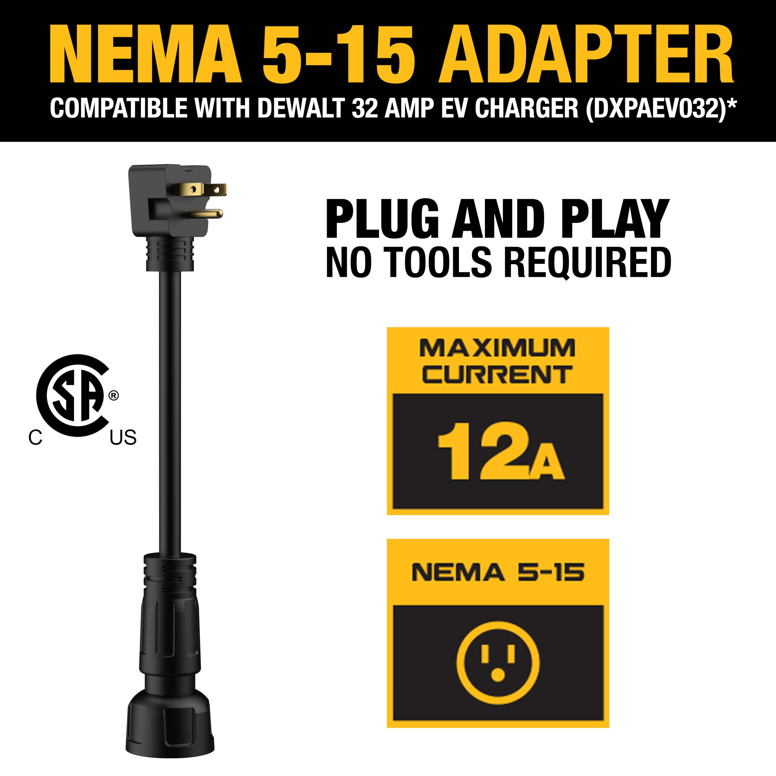 NEMA 15-15 Adapter, 12A/120V, Compatible with DEWALT 32 Amp Portable EV Charger, High Power Connector, Easy to Connect, No Tools