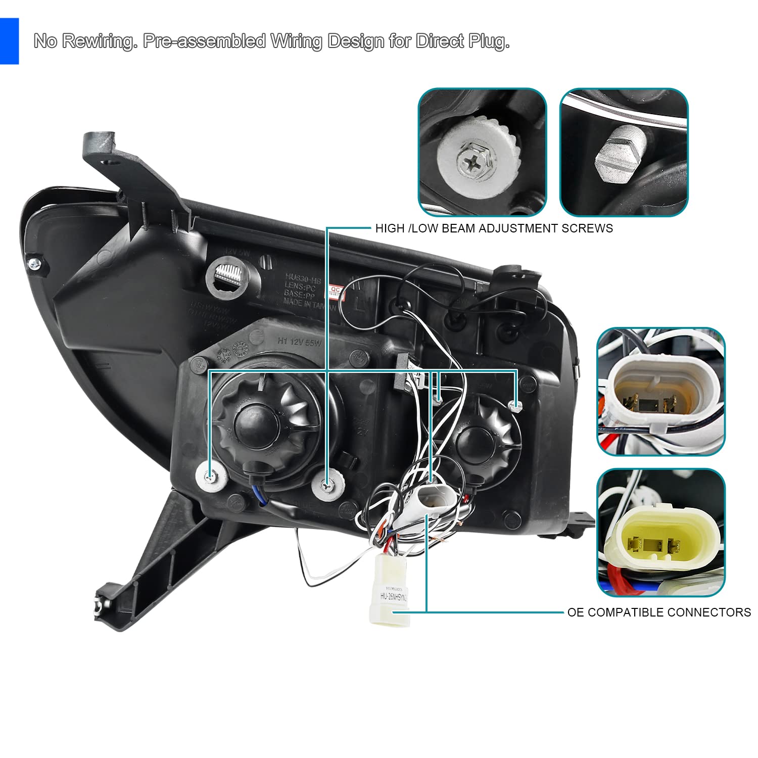 Spec-D Tuning Halo LED Chrome Housing Clear Lens Projector Headlights Compatible with 2003-2005 Toyota 4Runner Left + Right Pair