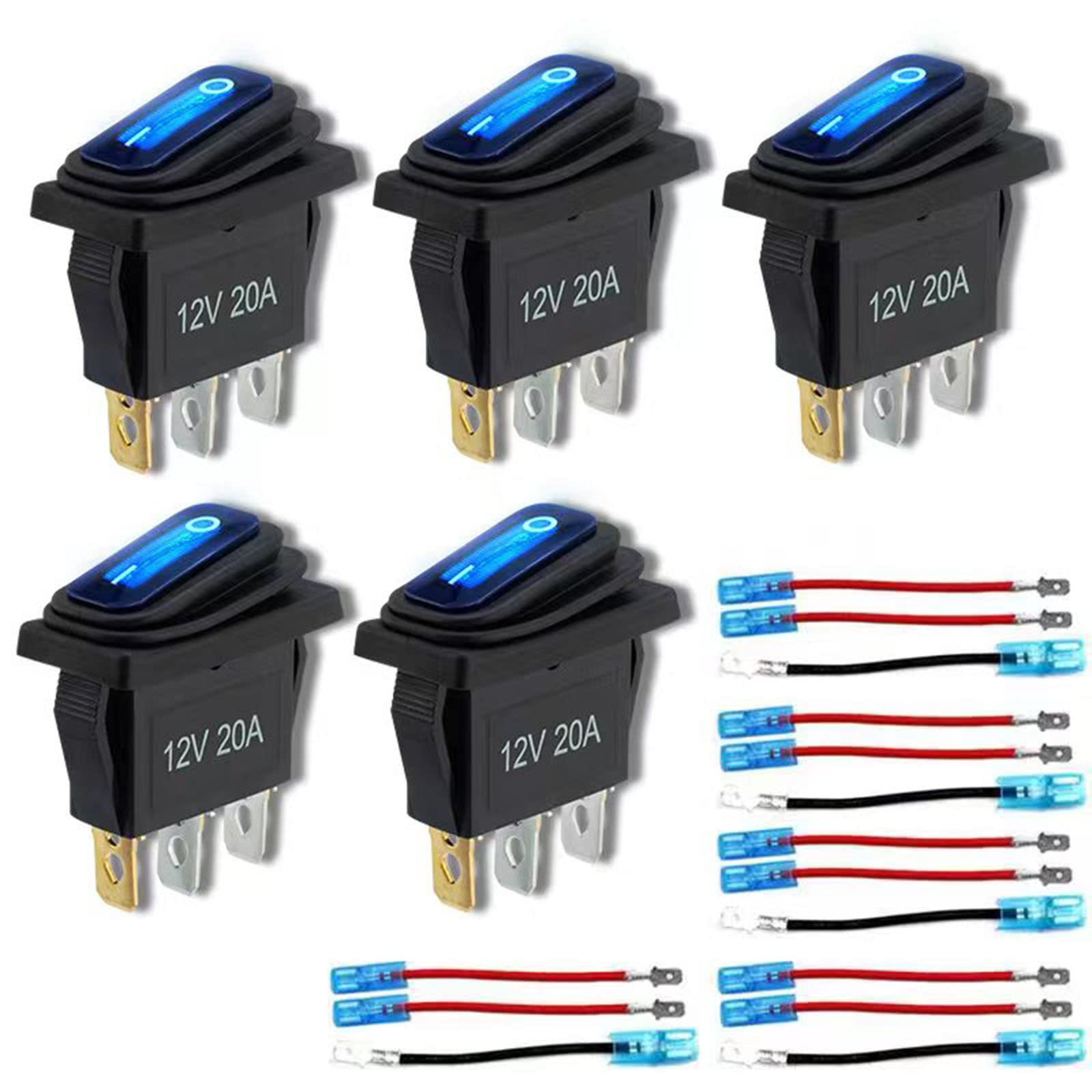 12V Rocker Switch Waterproof 5 Pcs - 12 Volt Toggle Switch With 3 20Cm Detachable Wires, Spst 3 Pin On Off Switches Snap-In Design Square Switch With Blue Led Light For Car Boat Marine Rv Truck Kcd3