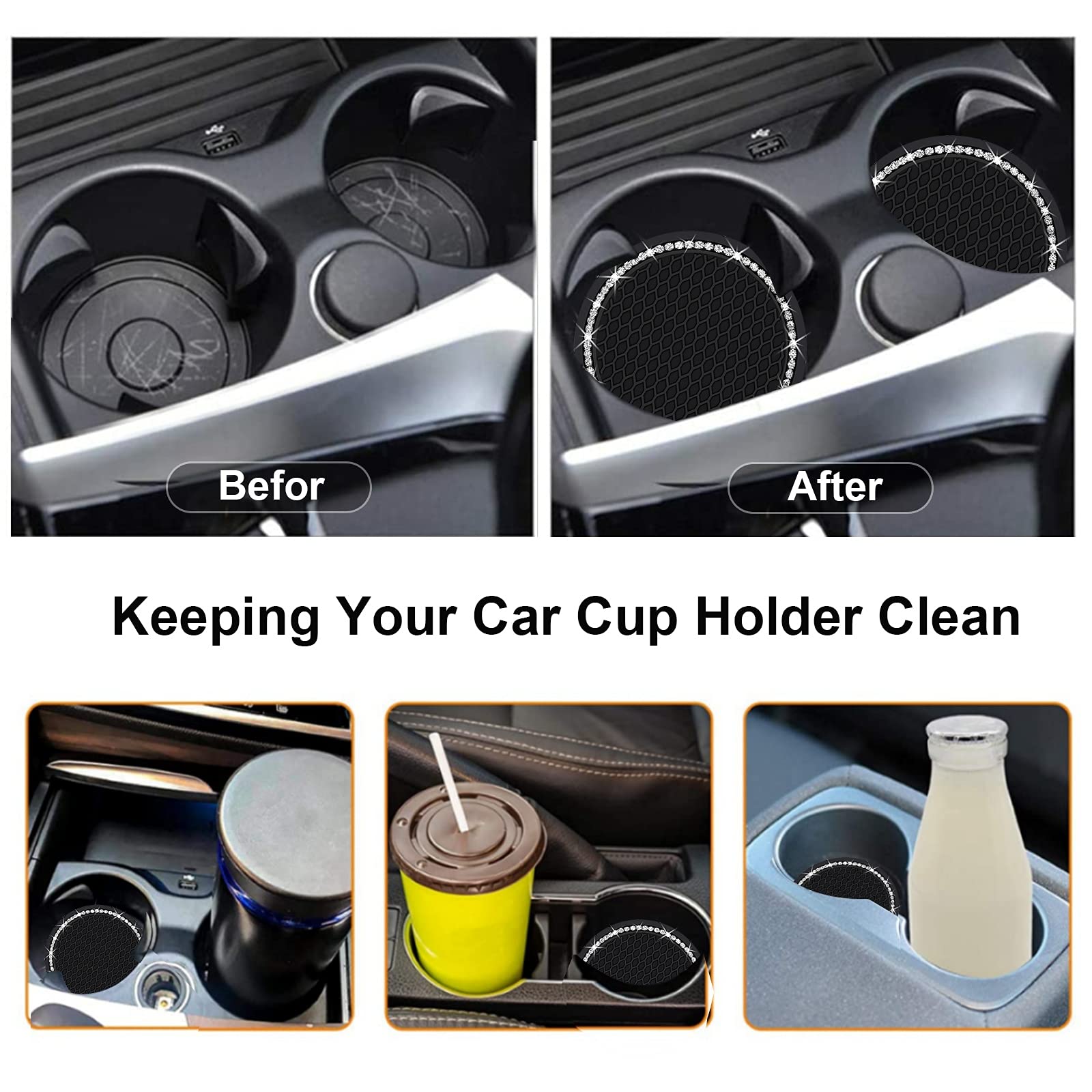 4Pcs 2.75 Inch Bling Auto Car Cup Holder Insert Coasters Silicone Anti-Slip Crystal Rhinestone Drink Car Cup Mat, Universal Vehi