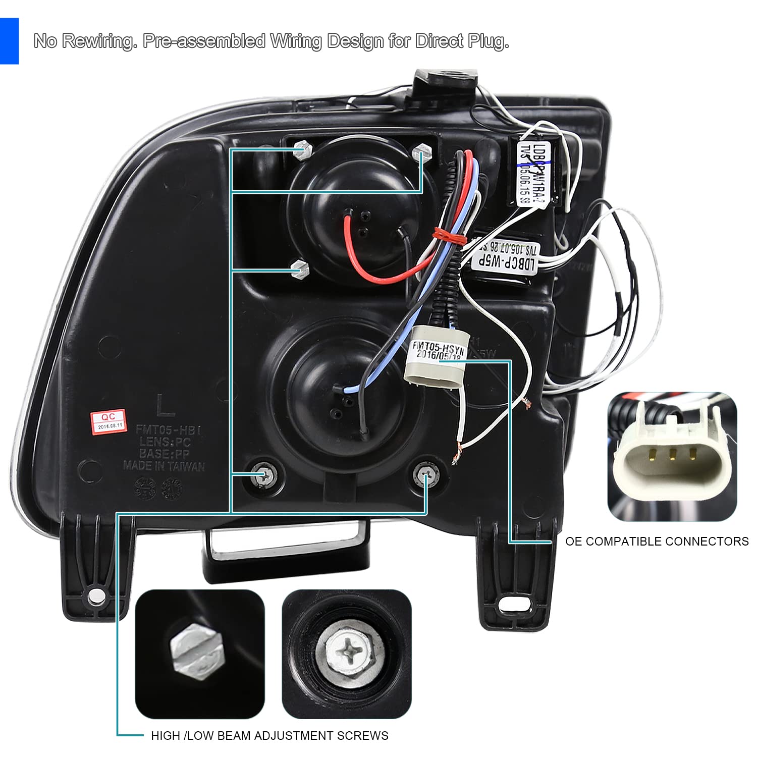 Spec-D Tuning Led Halo Jet Black Projector Headlights Compatible With 2005-2009 Ford Mustang, Left + Right Pair Headlamps Assemb