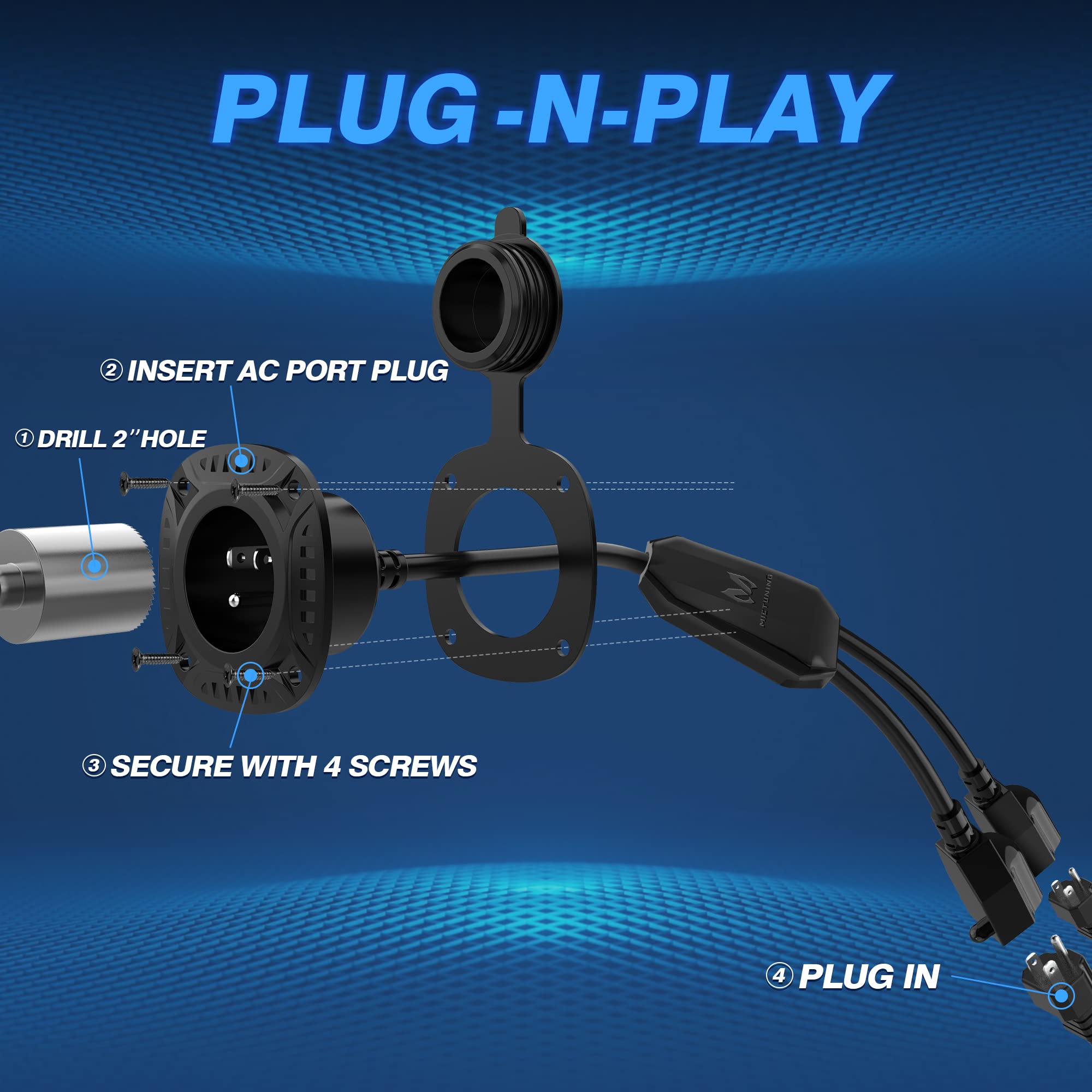 Mictuning 15Amp 250V Ac Port Plug With 18'' Integrated Extension Cord Y Splitter Cable And Water-Resistant Cap