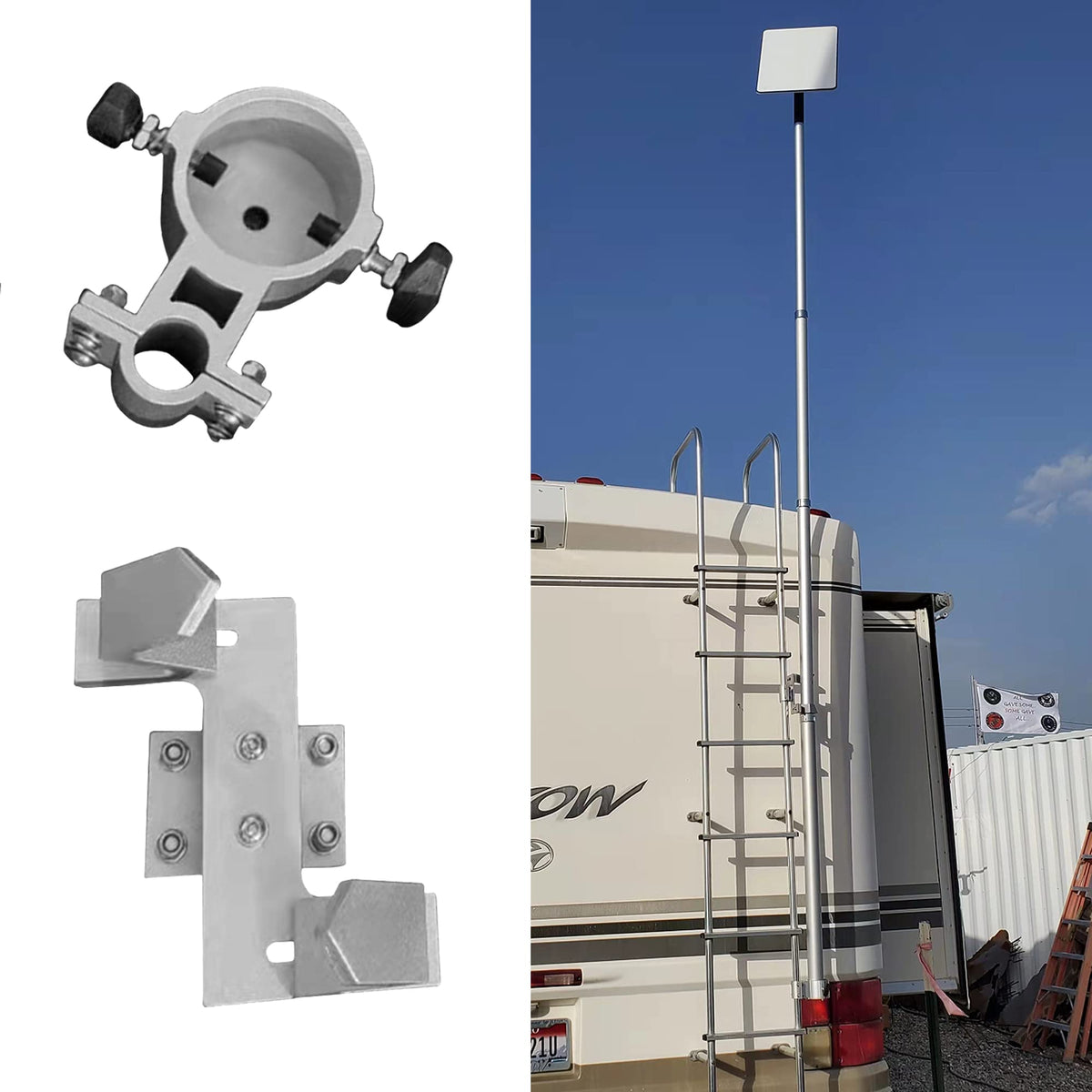 Eez Rv Products Aluminum Flag And Wind Sock Pole Mount For Rv Ladders Satellite Antenna(Starlink Dish) Pole Mount - Adjustable Hold Up To 2.5 Inch Diameter Pole - Fits 1 Inch Ladder Rails