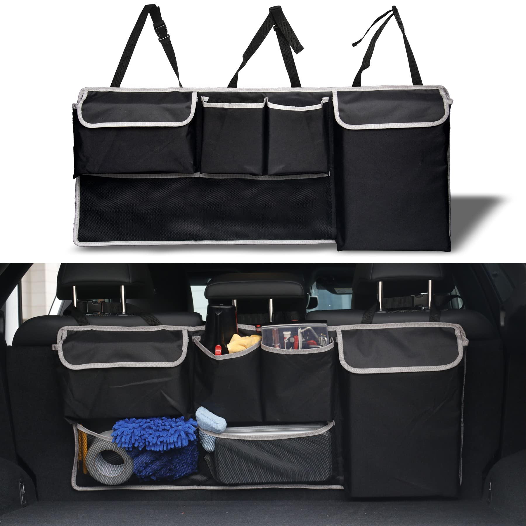Uyye Trunk Hanging Organizer,Backseat Bag, Car Interior Accessories With 4 Pockets & 2 Mesh Pouches For Groceries, Will Provides