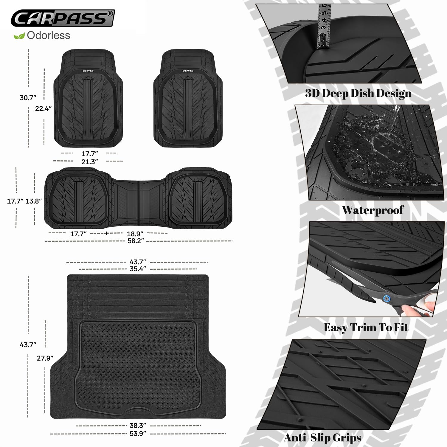 Car Pass Deep Dish Floor Mats For Cars, Heavy Duty Rubber Floor Mats With Trunk Cargo Liner, Universal Trim-To Fit Automotive Fl