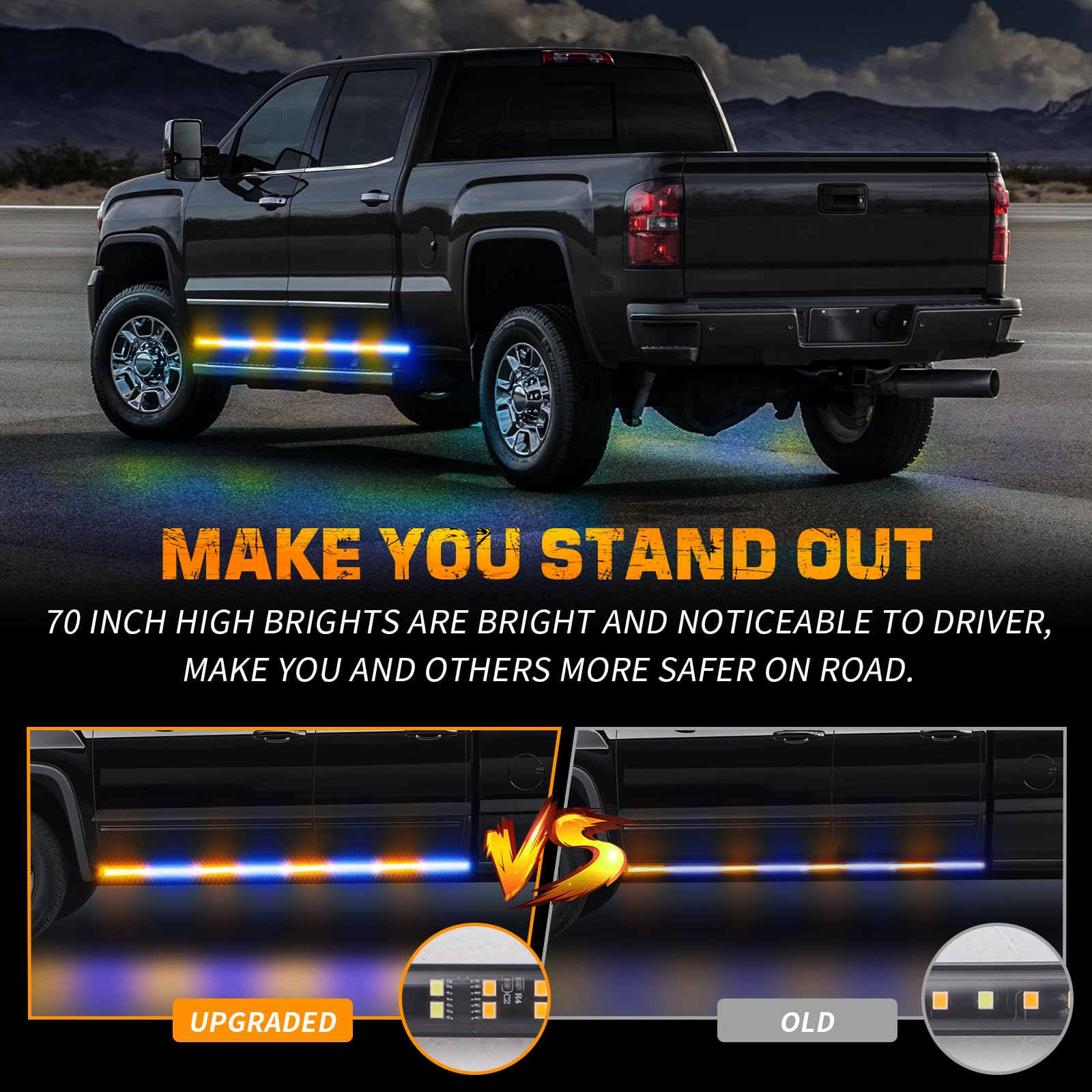 Xridonsen 2Pcs 70 Inch Truck Amber Blue Strobe Lights Strip 864 Led Emergency Running Board Lights Flashing Warning Hazard Cauti