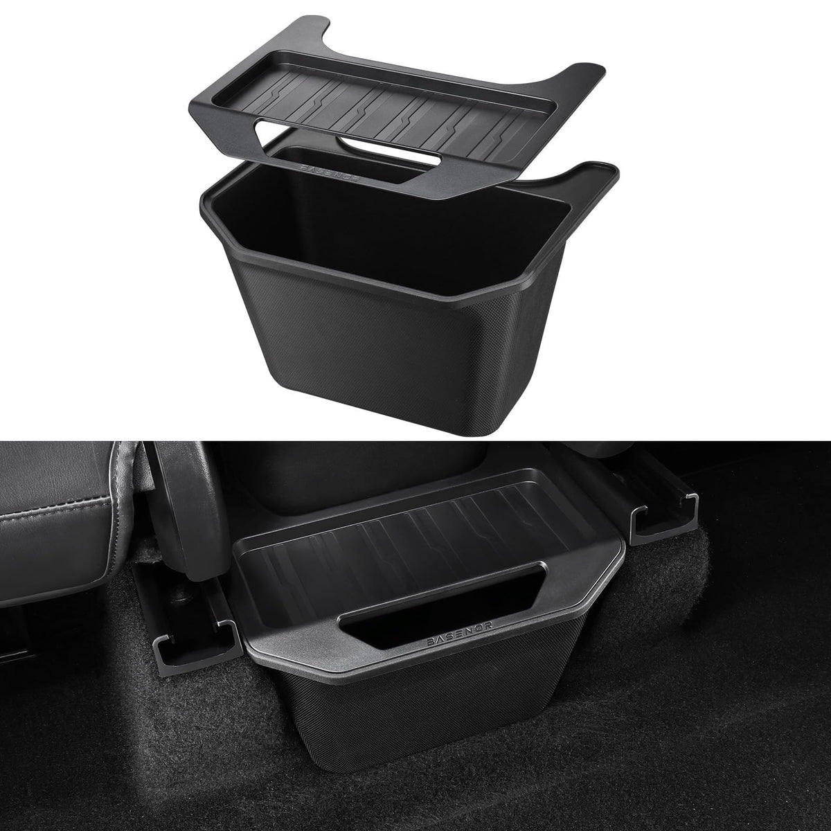 Basenor 2025 Tesla Model Y Trash Can, Rear Center Console Organizer With Anti-Slip Lid Cover, Rear Bin Backseat Storage Box Garb
