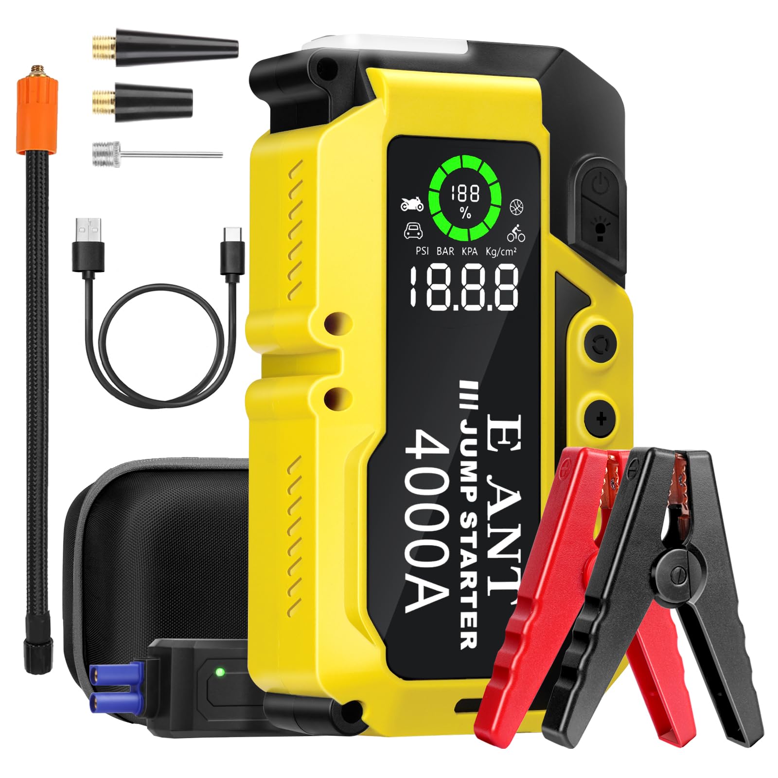 E-Ant Car Jump Starter With Air Compressor(10L Gas/8L Diesel), 4000A Peak 12V Auto Battery Jump Pack, Power Bank Usb Qc3.0 Outputs Portable Battery Booster Pack Jumper Box Tire Inflator 150Psi, Yellow