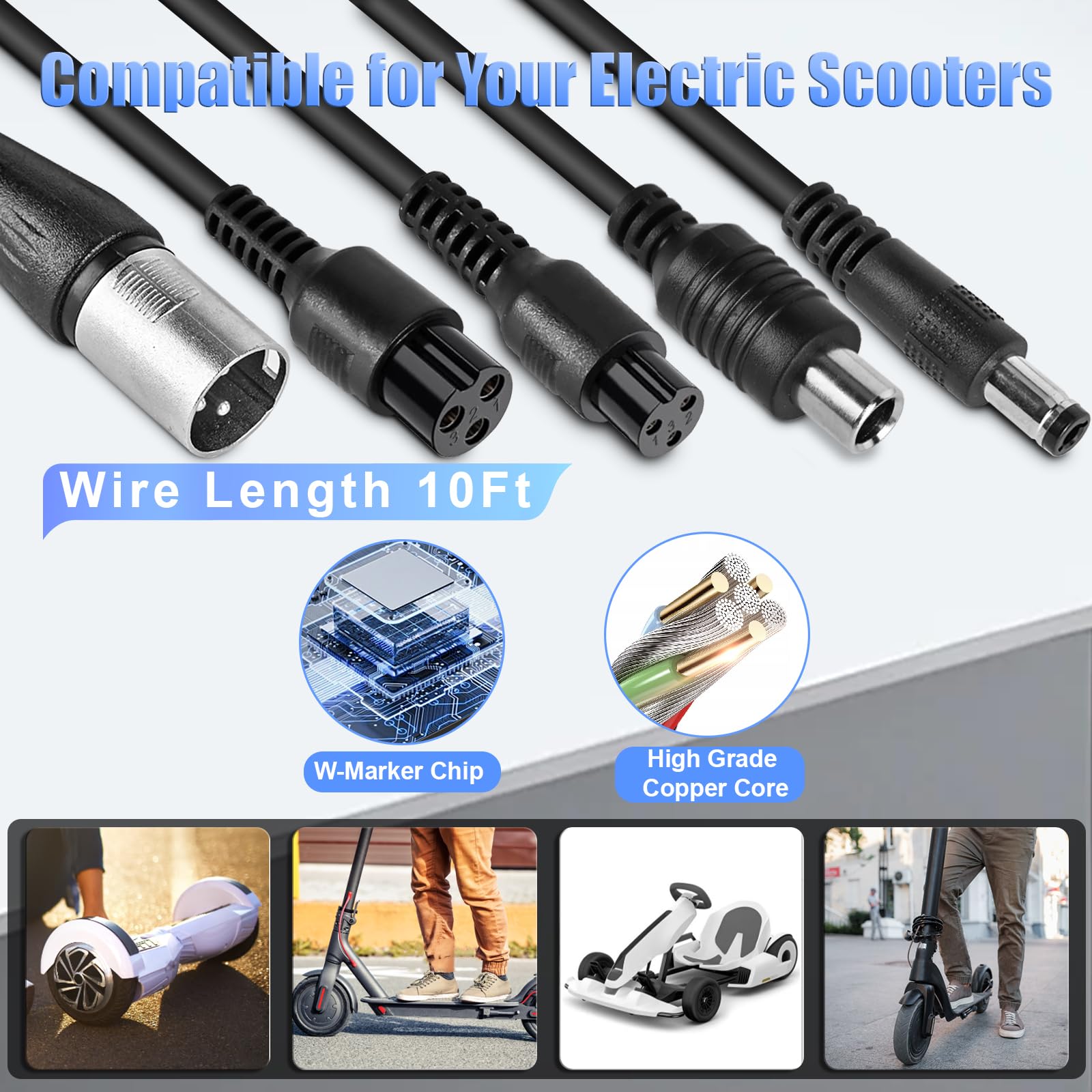 Carsty 42V Electric Scooter Charger UL Certified for 36V Lithium Battery 5 Plugs, Compatible with Gotrax, Jetson, Razor, Voyage,