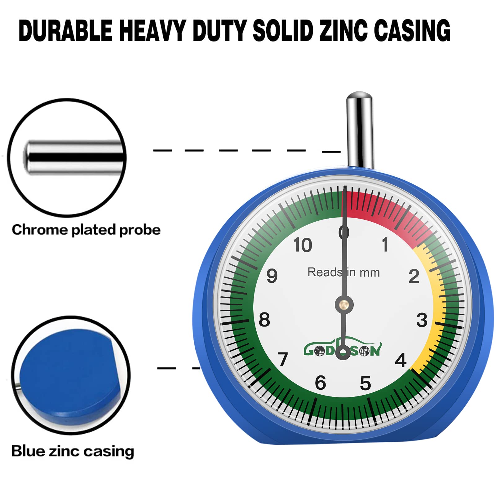 Godeson 88703 Dial Tire Tread Depth Gauge In Mm,Professional For Motorcycle, Car,Truck And Bus