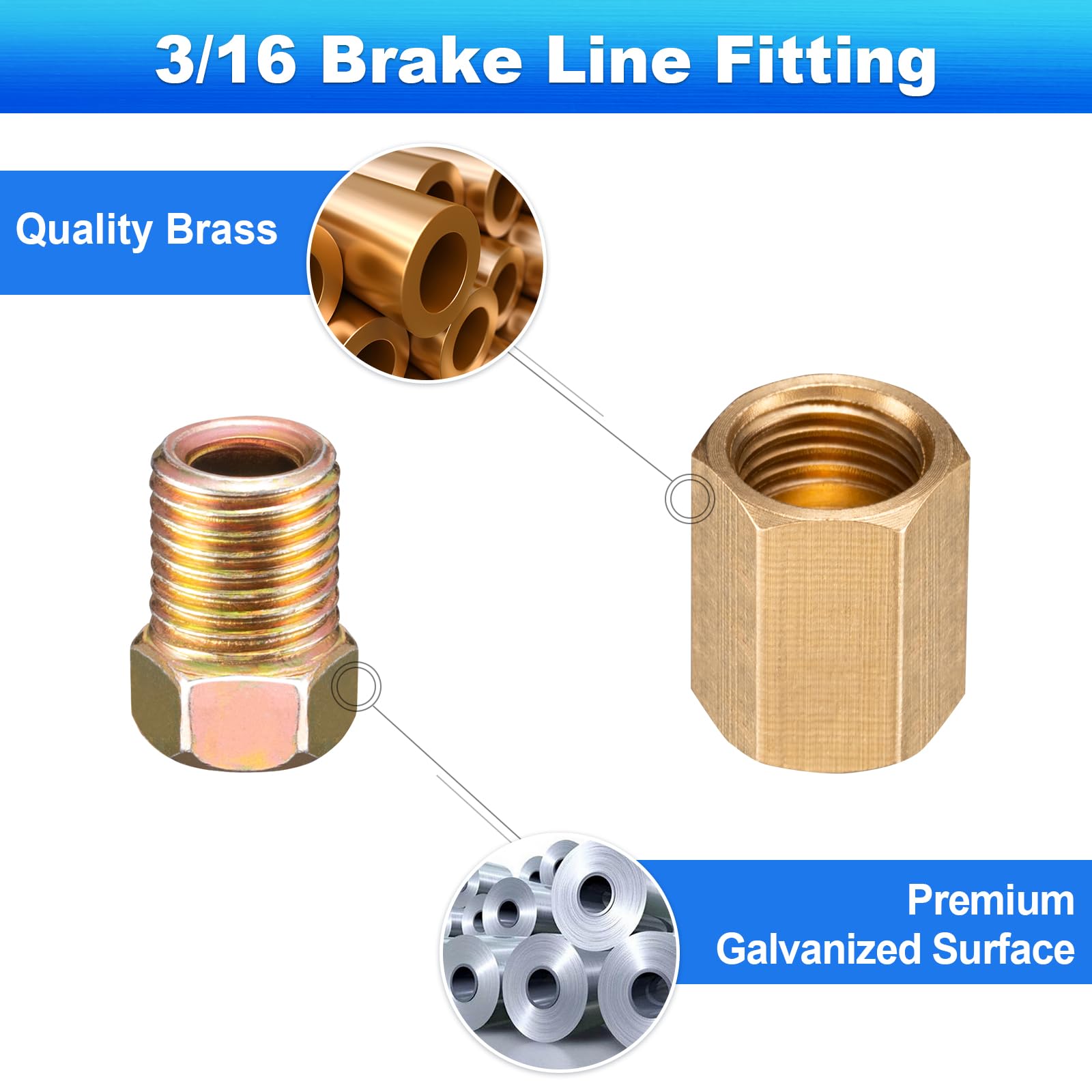 Spurtar 21Pcs 3/16 Brake Line Fittings 3/8 Inch-24 Threads, Brake Line Pressure Fittings for 3/16 Inch Brake Line, Brass Brake L