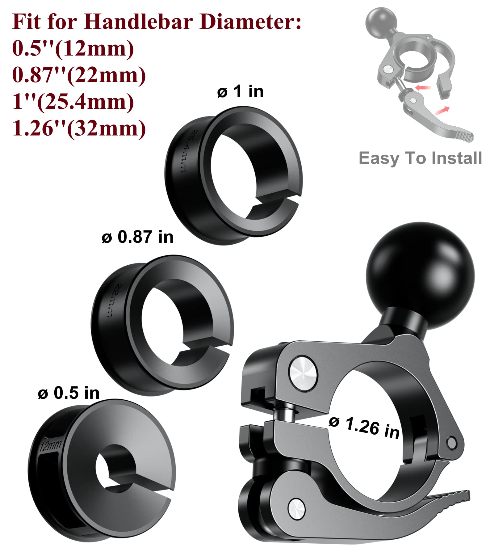 Brcovan Handlebar Clamp Mount With 1'' Tpu Ball Compatible With Ram Mounts Double Socket Arm Fit Rail 0.5'' 0.87'' 1'' 1.26'' Tool-Free Installation, Aluminum Material, Cnc Processing (Black)