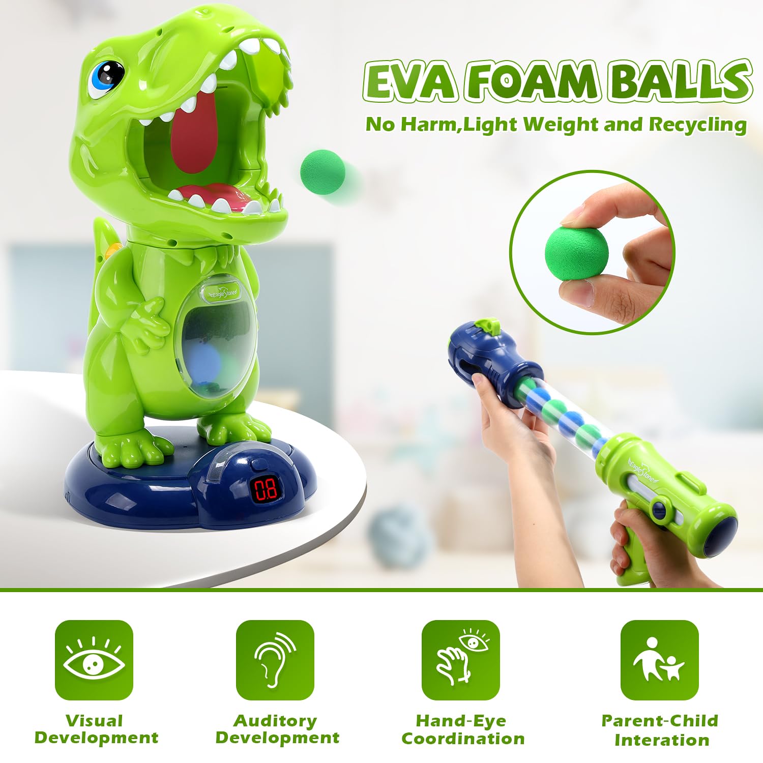 Eaglestone Movable Dinosaur Shooting Toys For Kids,Electronic Target Shooting Games With 2 Pump Gun,48 Balls Party Favor Toys Wi